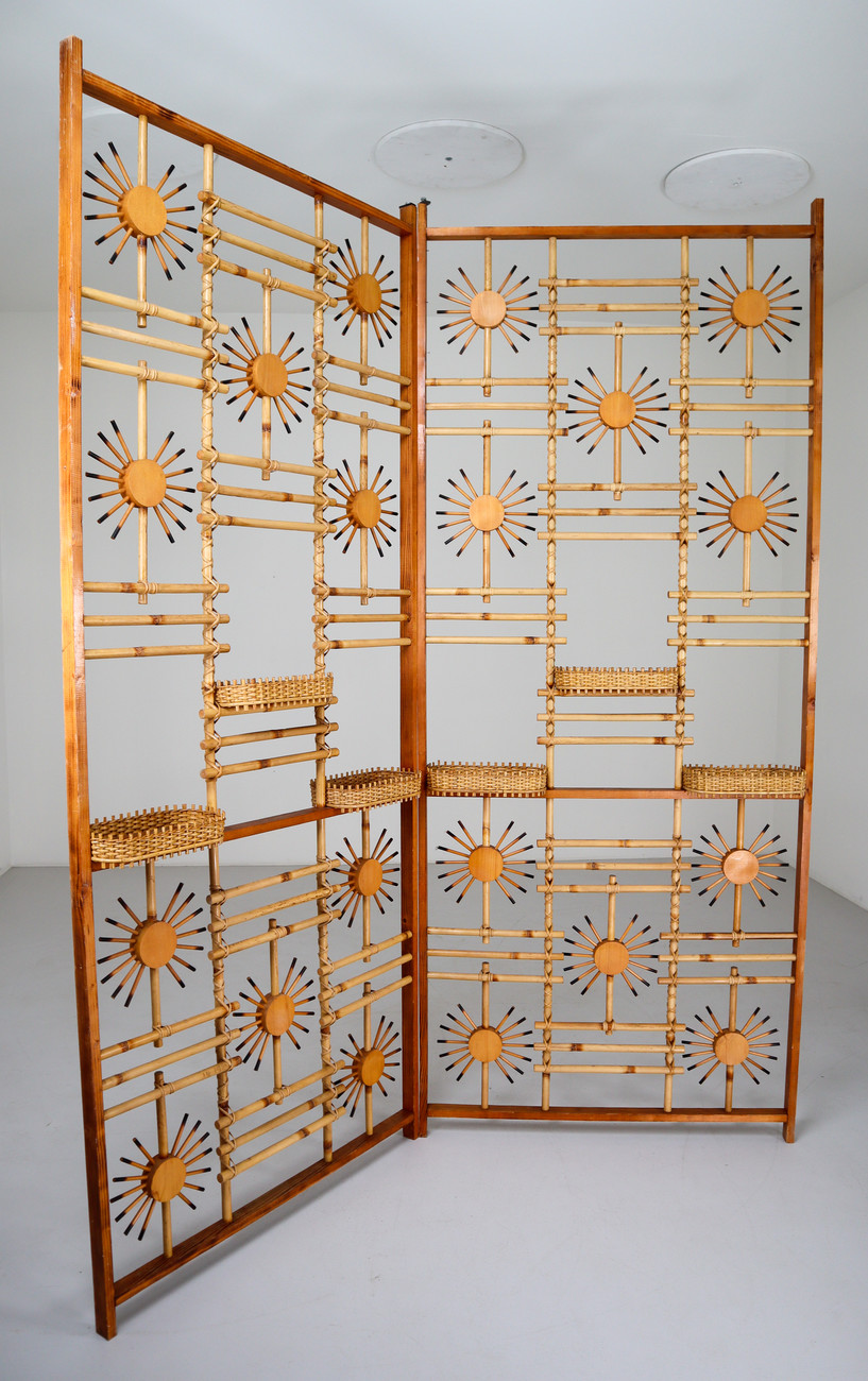 Rattan and Bamboo Screen / Room Divider with Sunbrust Accents, France 1960s Mid-20th century