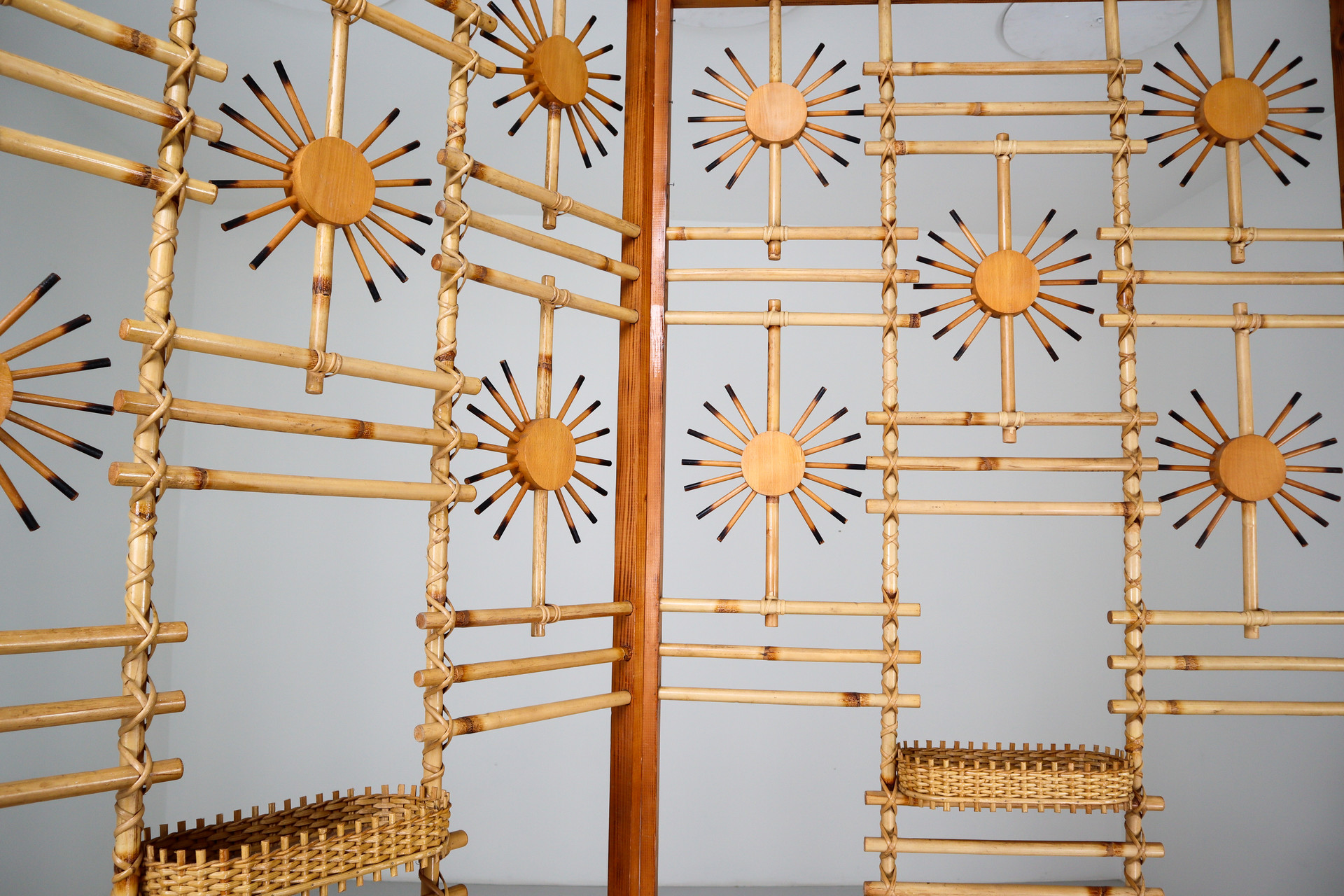 Rattan and Bamboo Screen / Room Divider with Sunbrust Accents, France 1960s Mid-20th century