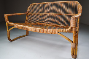 Rattan, Wicker And Iron Patio- Garden Bench , Italy, 1960s Mid-20th century
