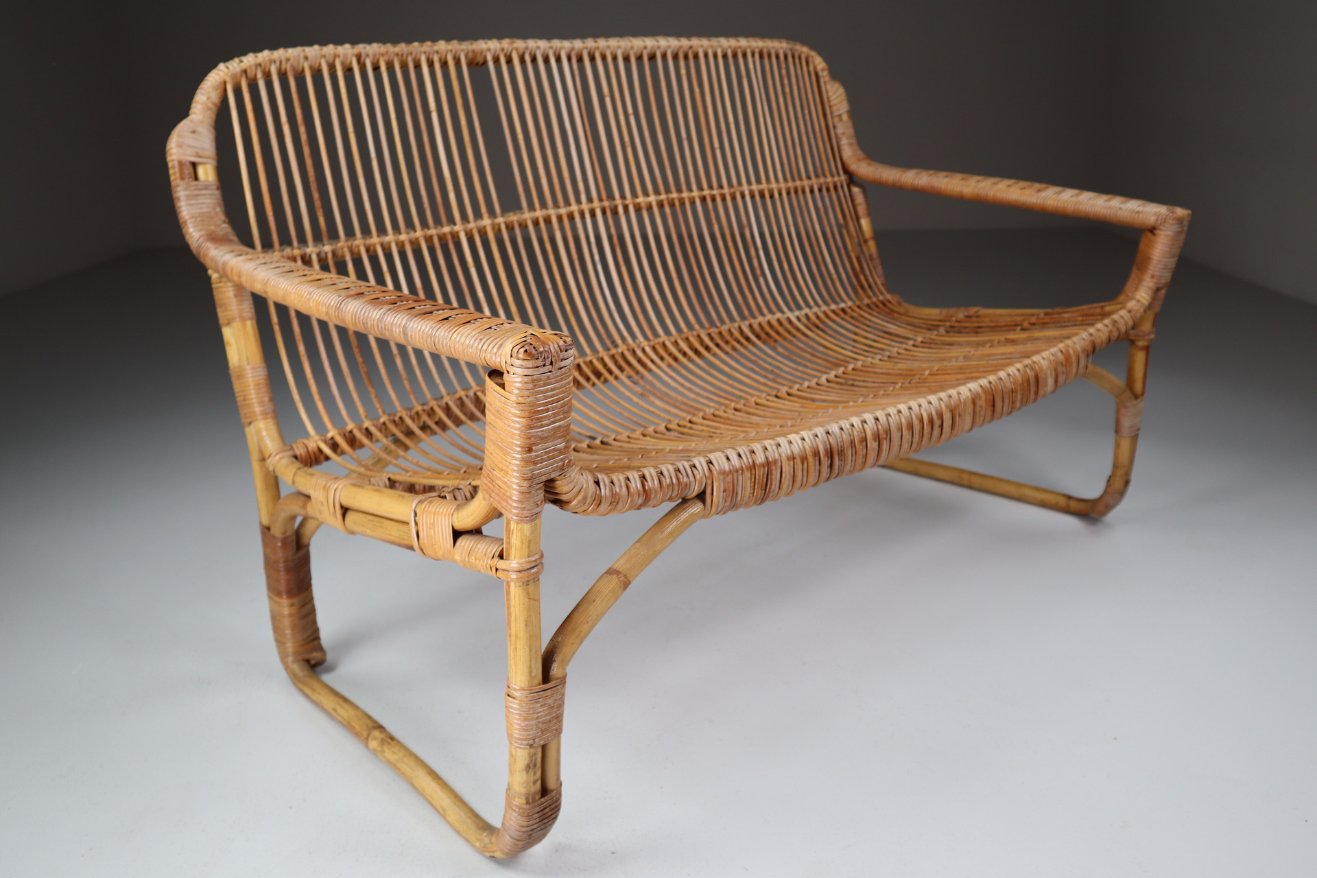 Rattan, Wicker And Iron Patio- Garden Bench , Italy, 1960s Mid-20th century