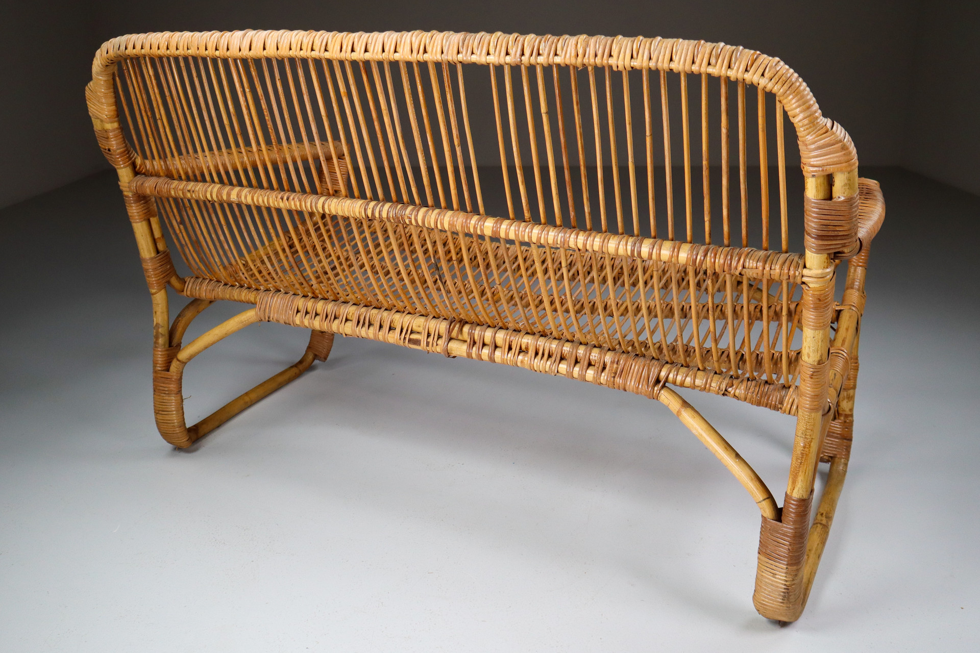 Rattan, Wicker And Iron Patio- Garden Bench , Italy, 1960s Mid-20th century