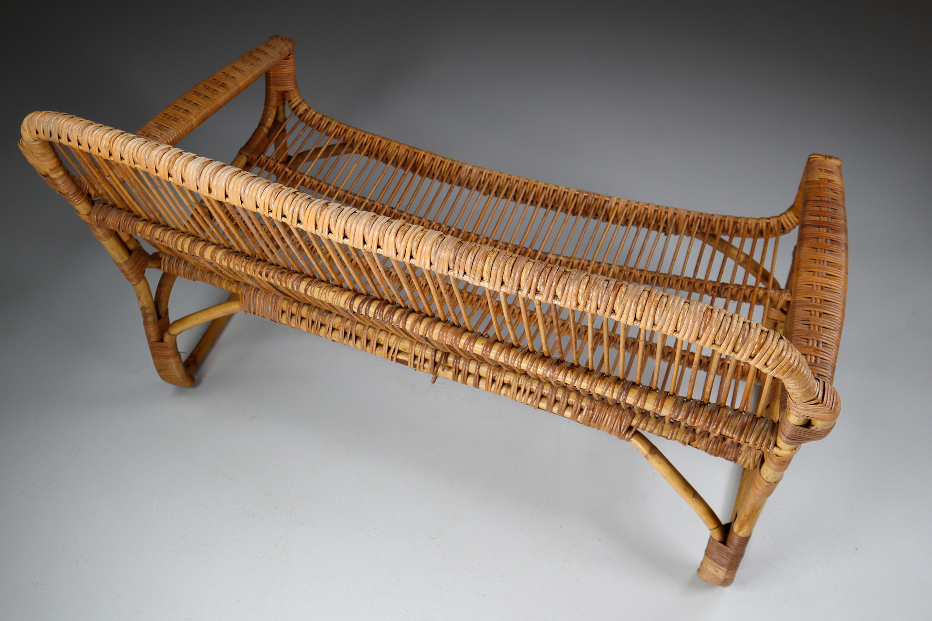 Rattan, Wicker And Iron Patio- Garden Bench , Italy, 1960s Mid-20th century