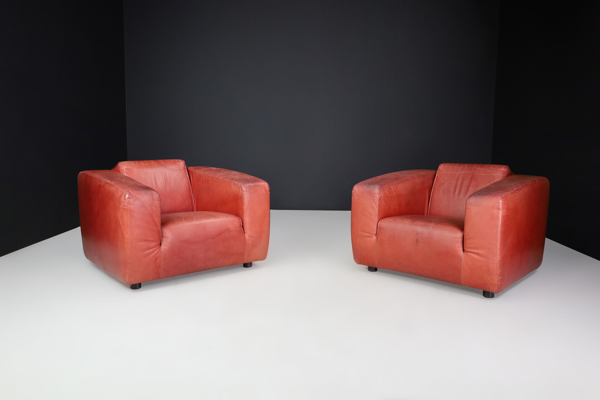 Red Patinated leather lounge chairs, The Netherlands Late-20th century