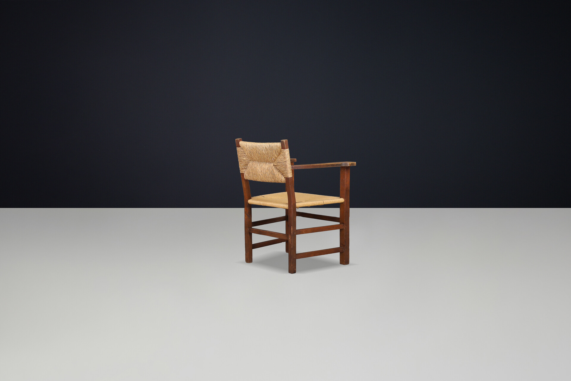 Rustic French Provincial Oak and Rush Armchair, 1940s Mid-20th century