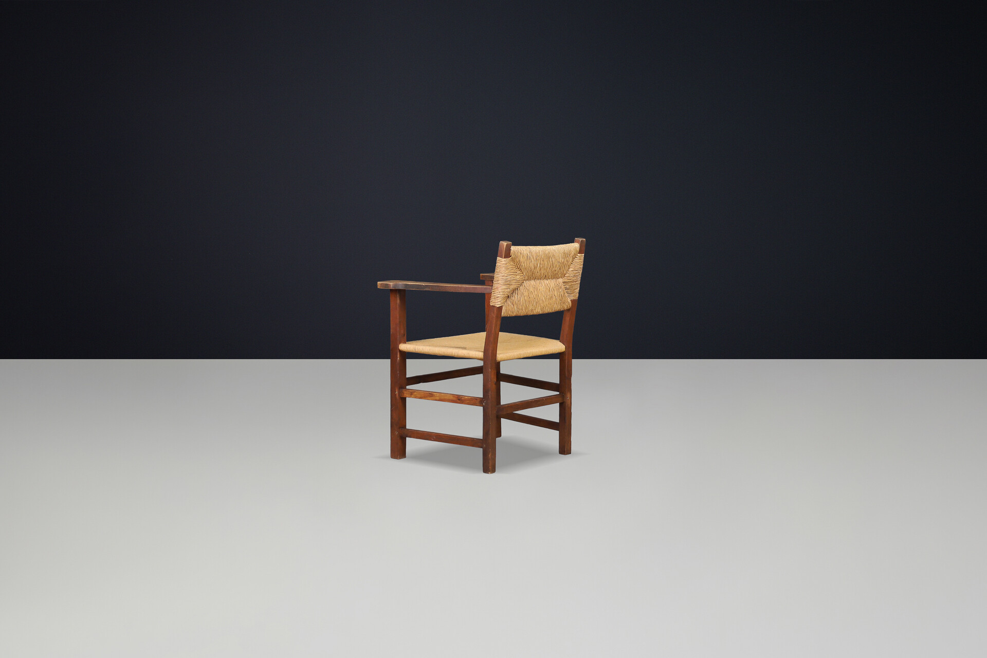 Rustic French Provincial Oak and Rush Armchair, 1940s Mid-20th century
