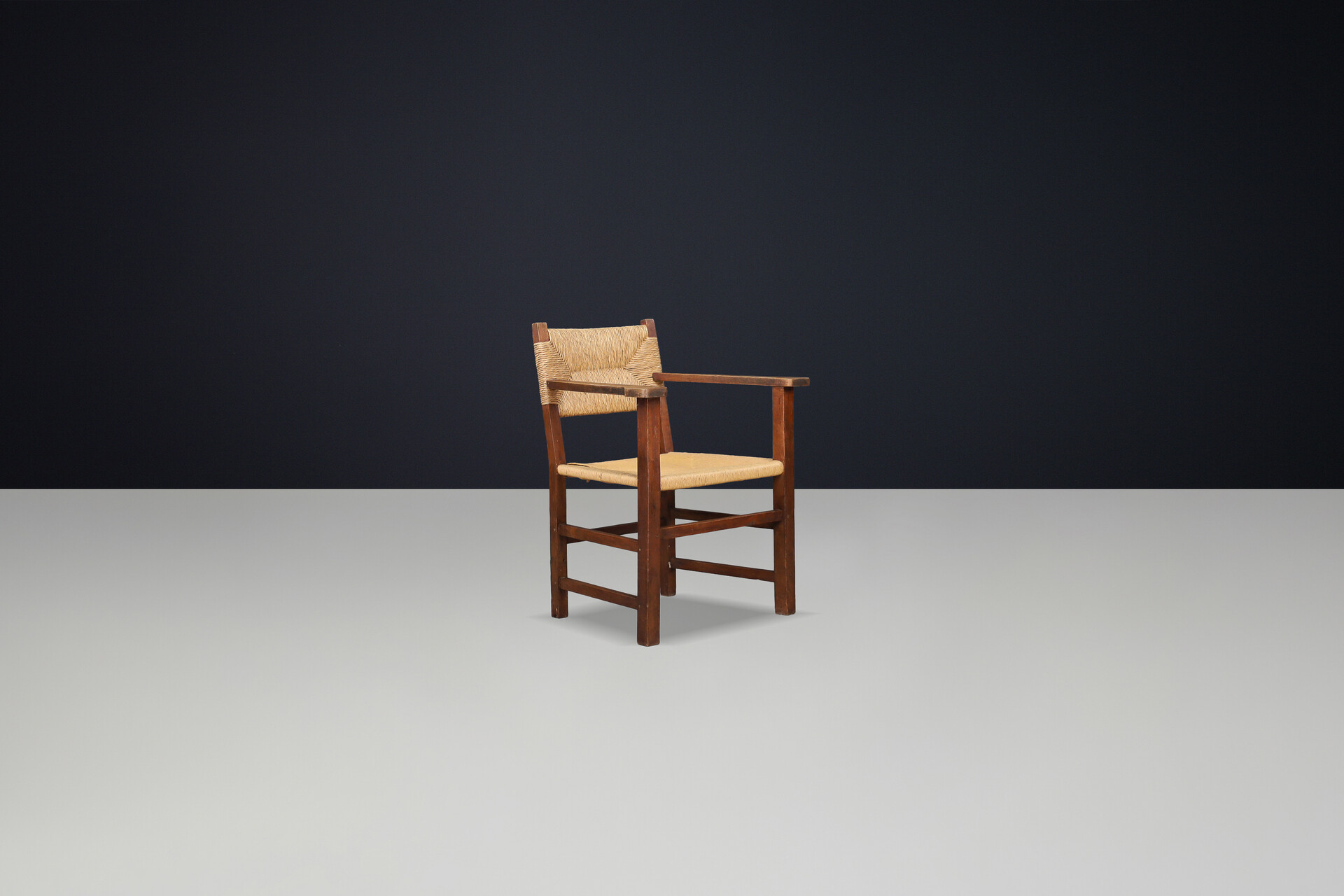 Rustic French Provincial Oak and Rush Armchair, 1940s Mid-20th century