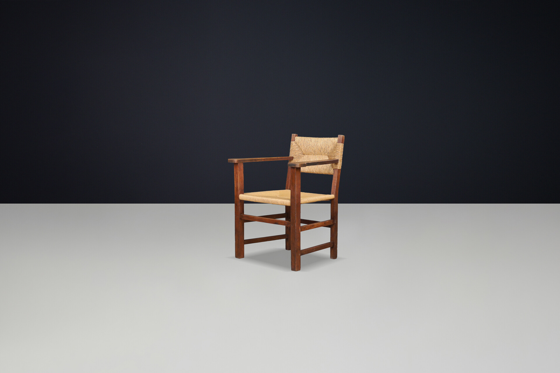 Rustic French Provincial Oak and Rush Armchair, 1940s Mid-20th century