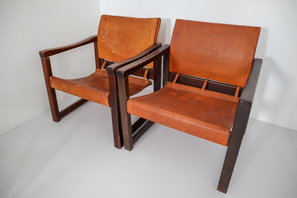 Safari Lounge Chairs in Patinated Cognac Saddle Leather, 1970s