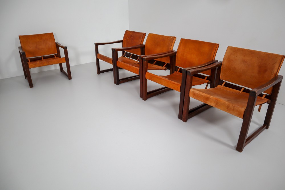 Safari Lounge Chairs in Patinated Cognac Saddle Leather, 1970s