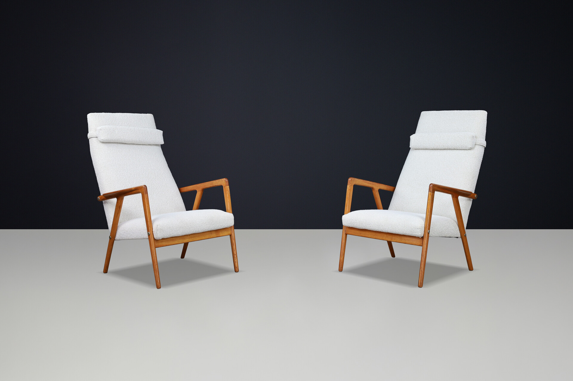 Scandinavian modern Beech Lounge / Armchairs With Bouclé Fabric Denmark 1960s Mid-20th century