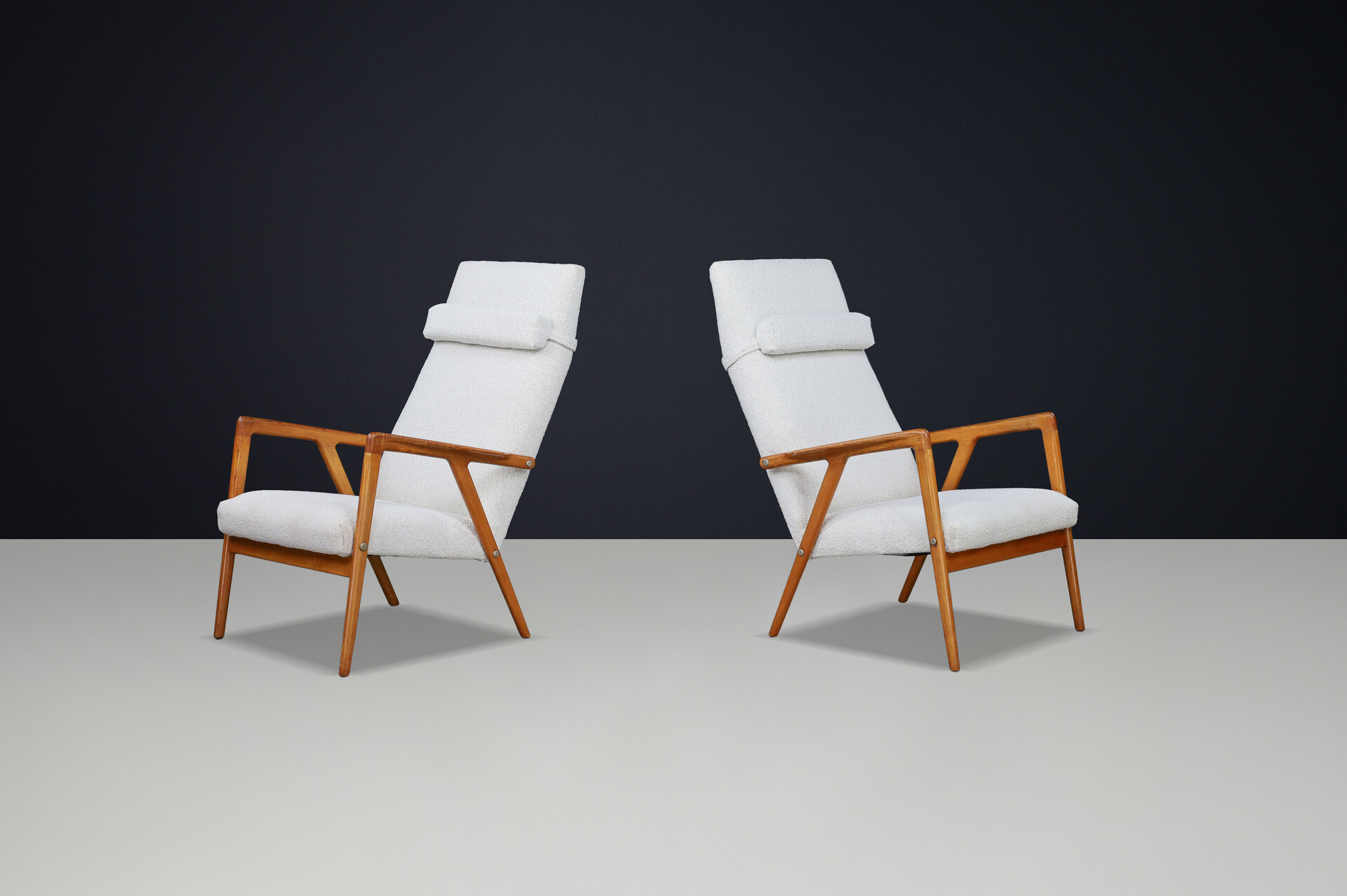 Scandinavian modern Beech Lounge / Armchairs With Bouclé Fabric Denmark 1960s Mid-20th century