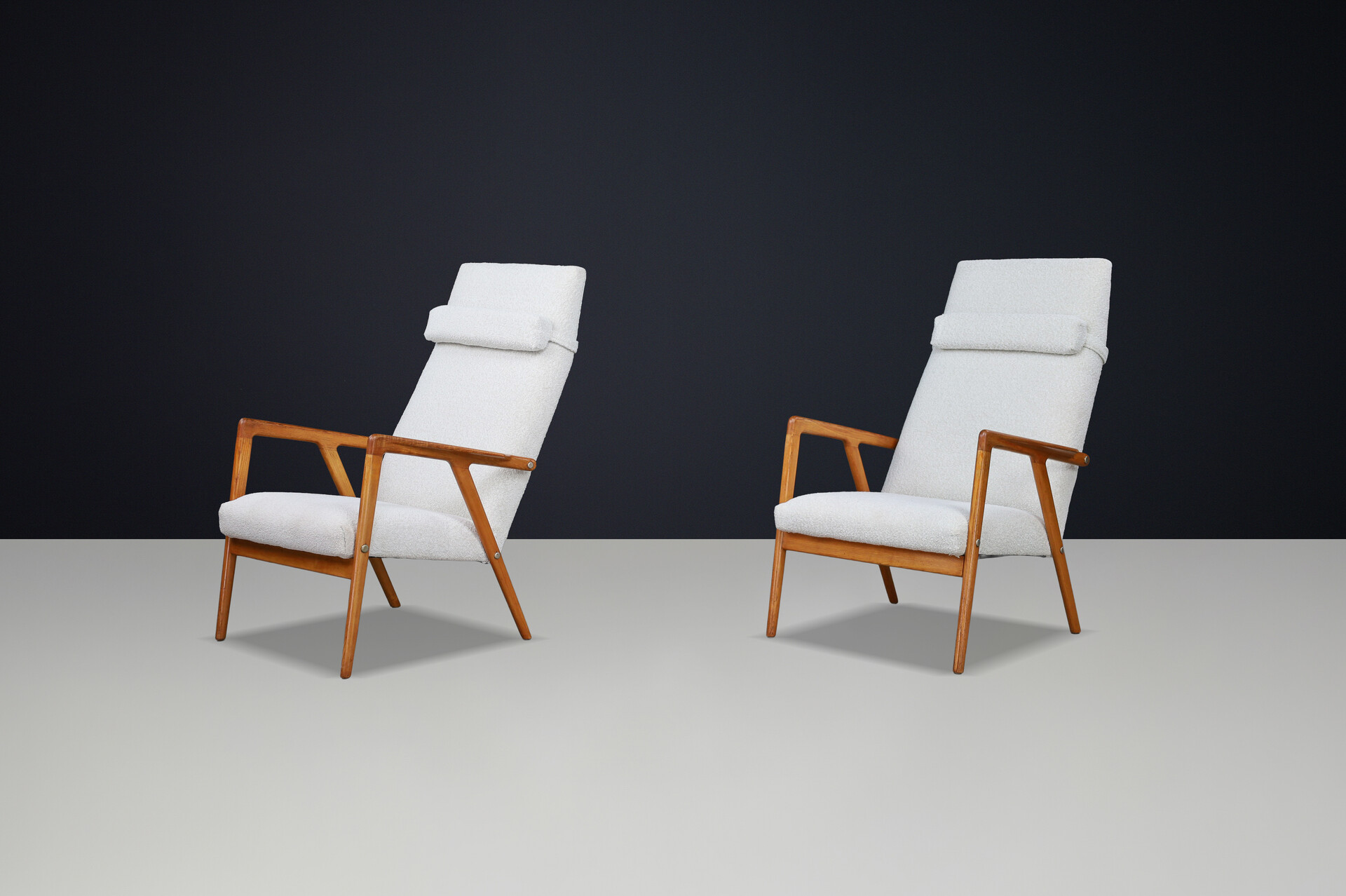 Scandinavian modern Beech Lounge / Armchairs With Bouclé Fabric Denmark 1960s Mid-20th century
