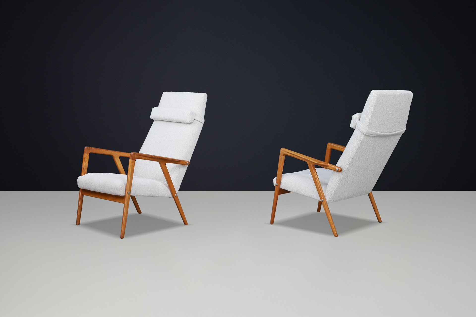 Scandinavian modern Beech Lounge / Armchairs With Bouclé Fabric Denmark 1960s Mid-20th century