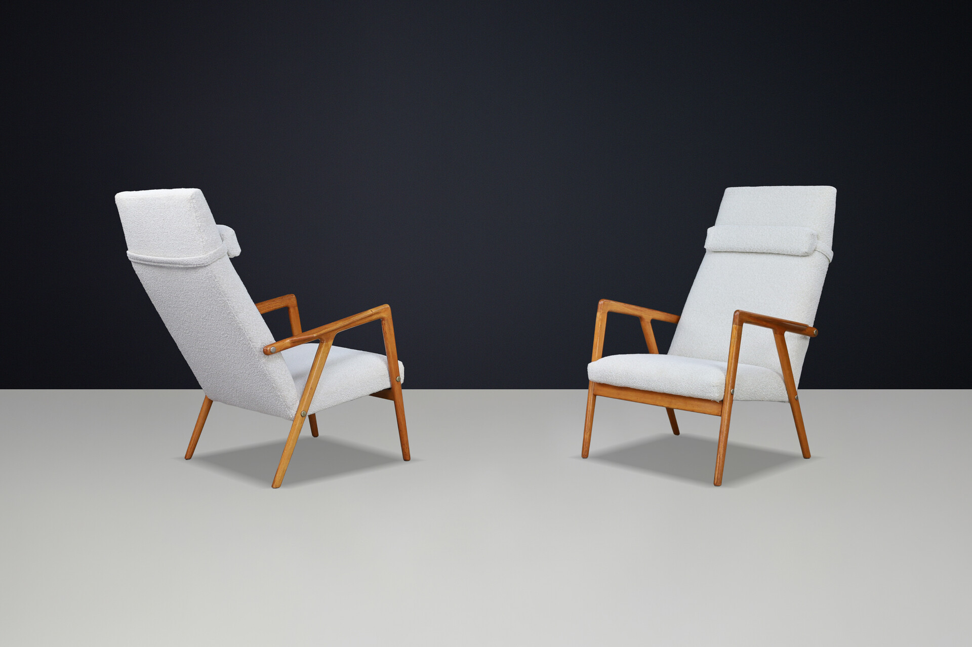 Scandinavian modern Beech Lounge / Armchairs With Bouclé Fabric Denmark 1960s Mid-20th century