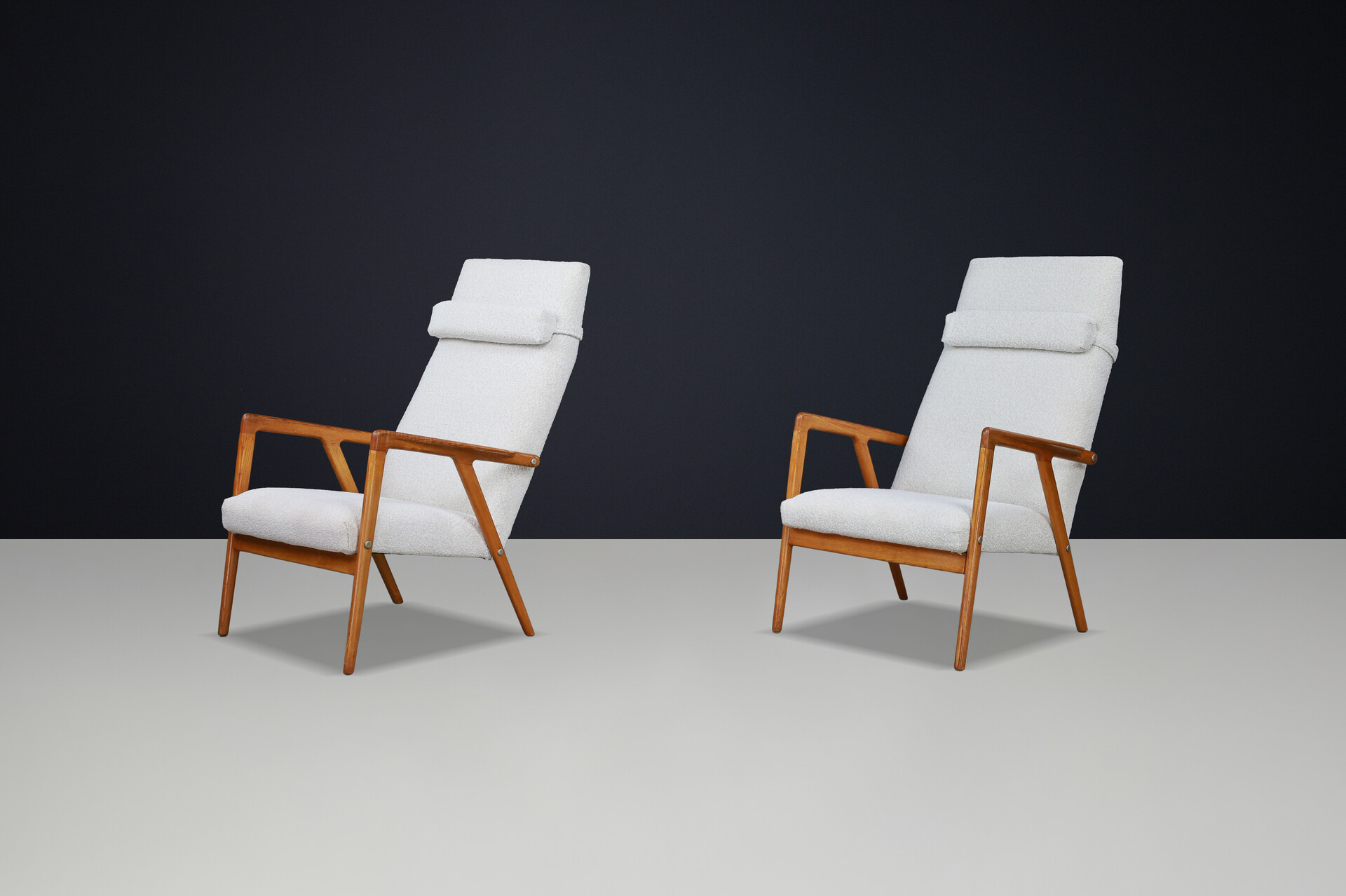 Scandinavian modern Beech Lounge / Armchairs With Bouclé Fabric Denmark 1960s Mid-20th century