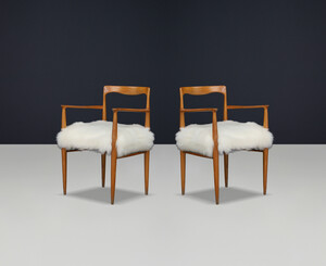 Scandinavian modern Dining room chairs by Sedláček & Vyčítal in sheepskin upholstery, Czechoslovakia, 1970s Late-20th century