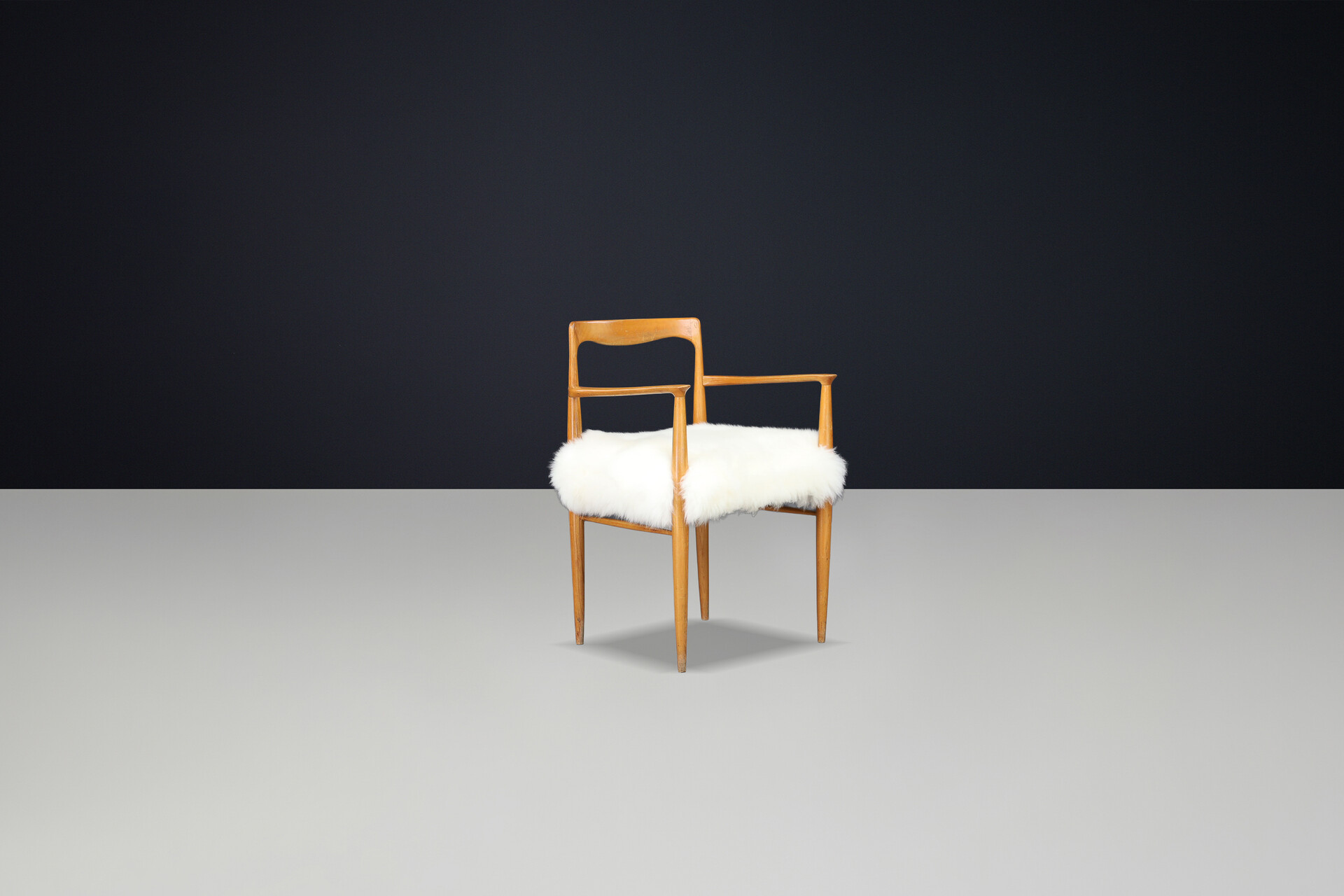 Scandinavian modern Dining room chairs by Sedláček & Vyčítal in sheepskin upholstery, Czechoslovakia, 1970s Late-20th century