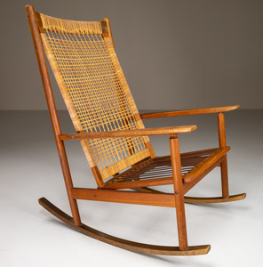 Scandinavian modern Teak and wicker rocking chair , Denmark 1950s Mid-20th century