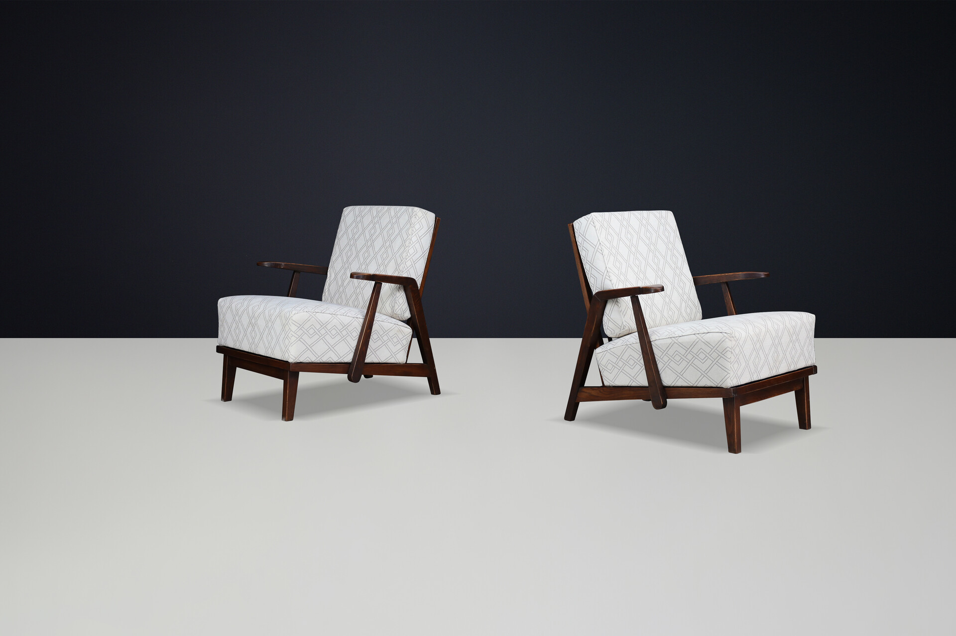 Sculptural 1950s Czech Oak Lounge Chairs – Mid-Century Modern, Newly Upholstered Mid-20th century