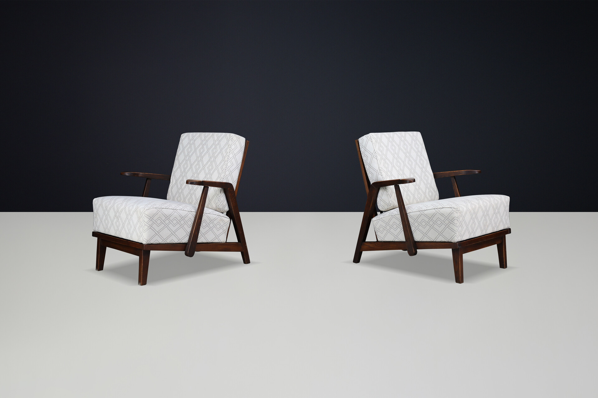 Sculptural 1950s Czech Oak Lounge Chairs – Mid-Century Modern, Newly Upholstered Mid-20th century