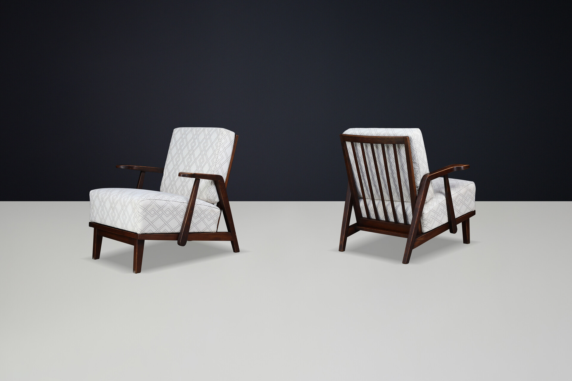 Sculptural 1950s Czech Oak Lounge Chairs – Mid-Century Modern, Newly Upholstered Mid-20th century