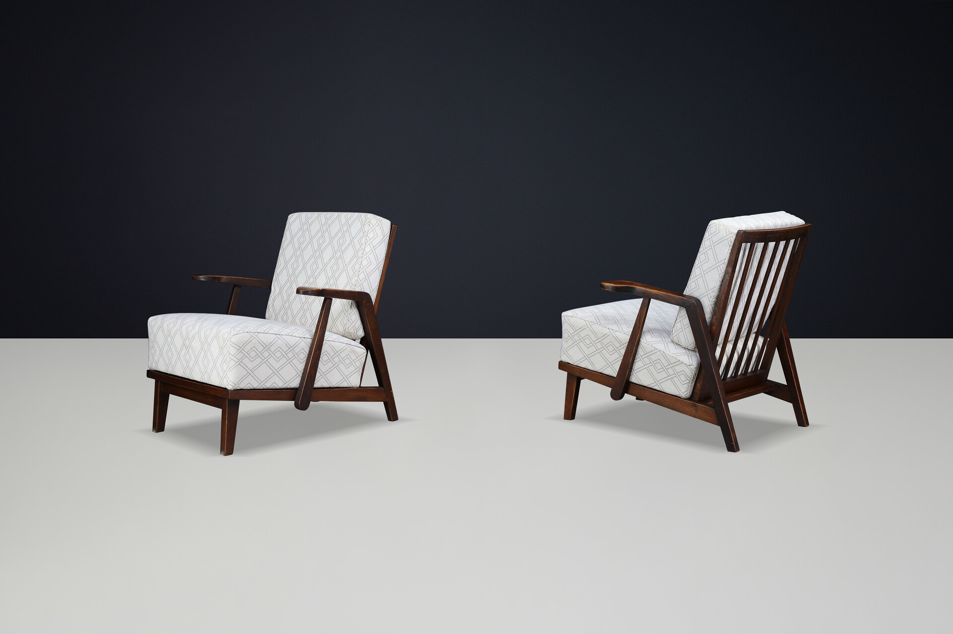 Sculptural 1950s Czech Oak Lounge Chairs – Mid-Century Modern, Newly Upholstered Mid-20th century
