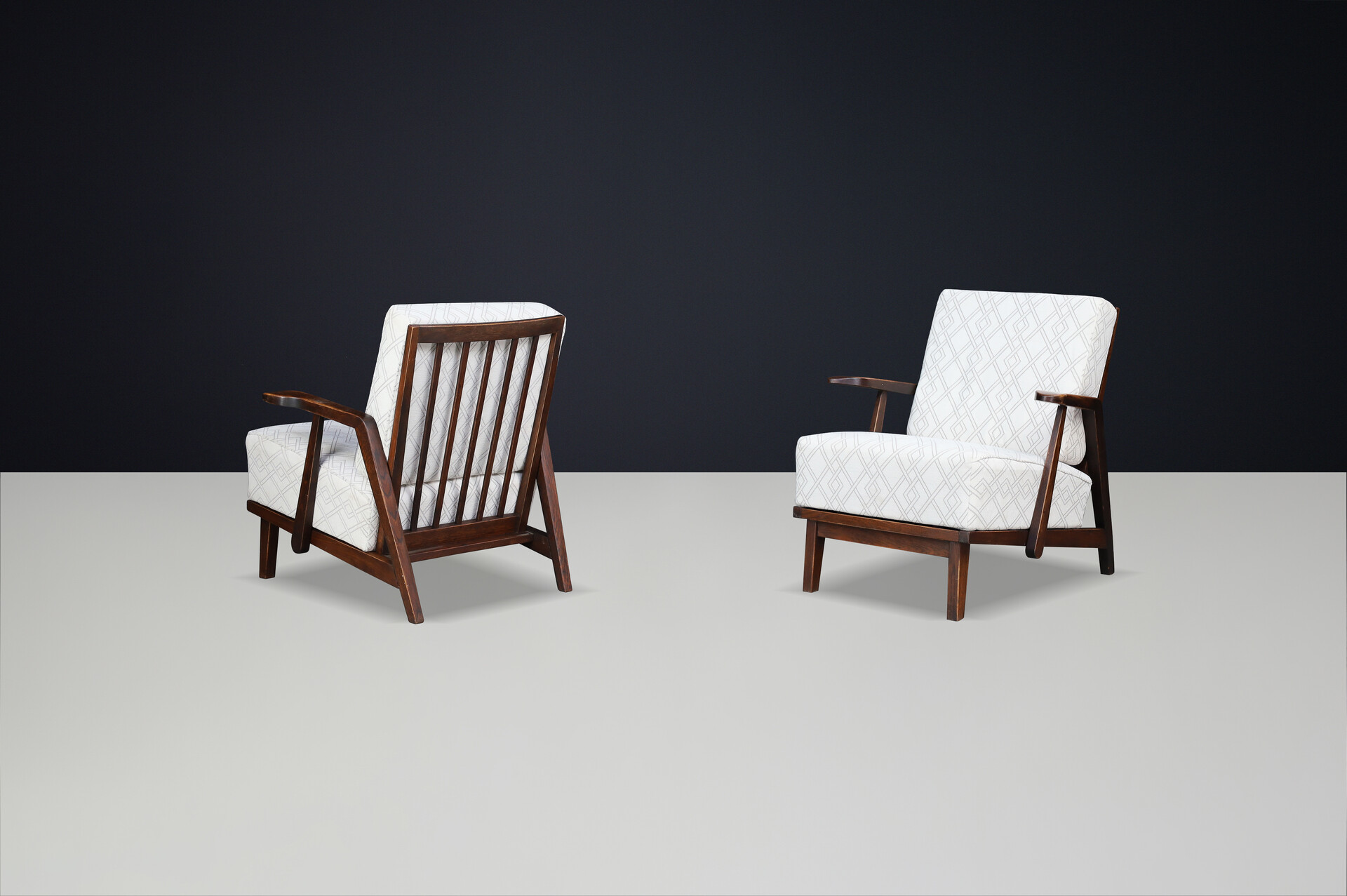 Sculptural 1950s Czech Oak Lounge Chairs – Mid-Century Modern, Newly Upholstered Mid-20th century