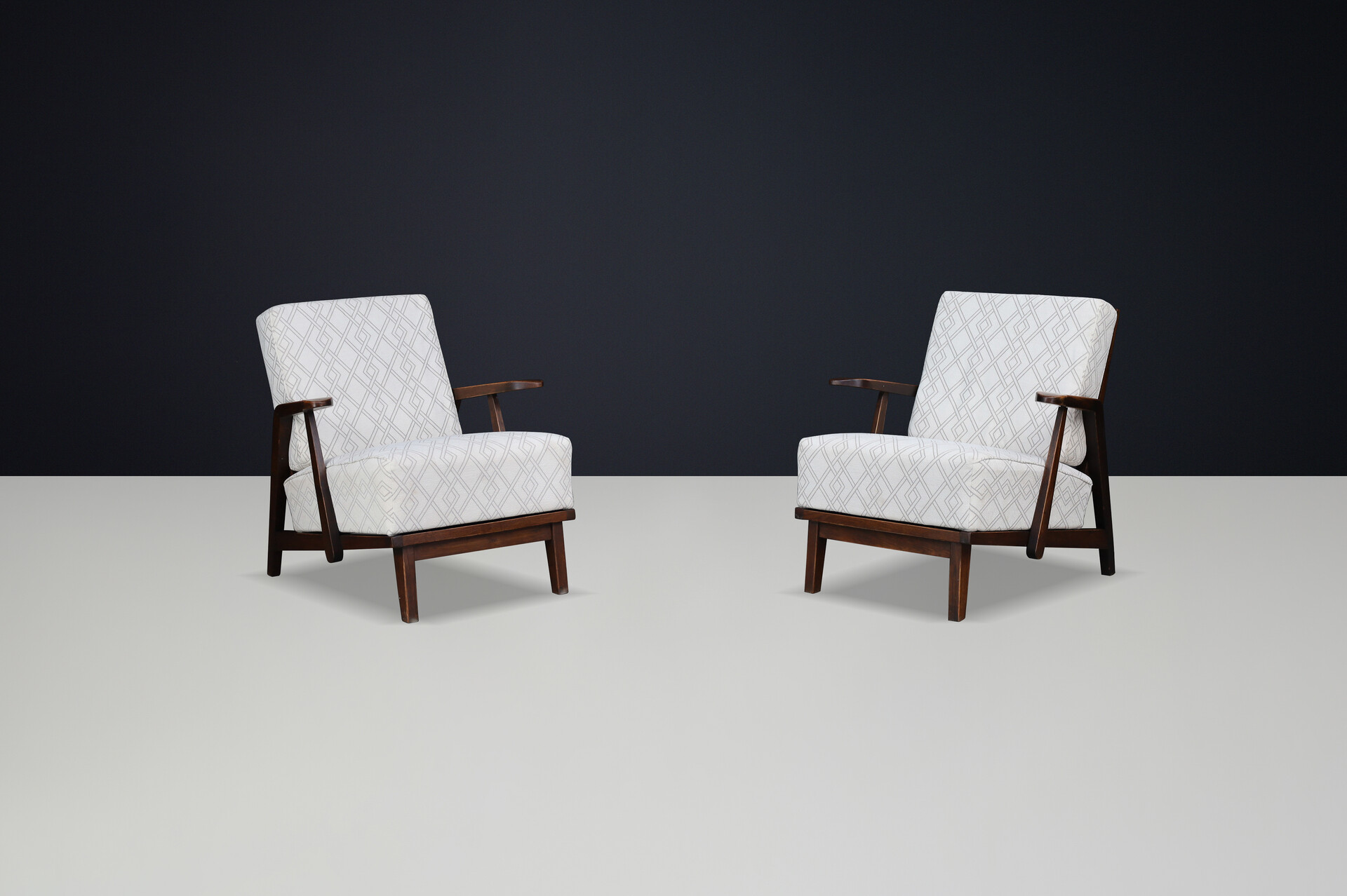 Sculptural 1950s Czech Oak Lounge Chairs – Mid-Century Modern, Newly Upholstered Mid-20th century