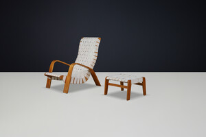 Sculptural  Armchair with Ottoman in Bentwood and Canvas Webbing, Czech Republic, 1930s Mid-20th century