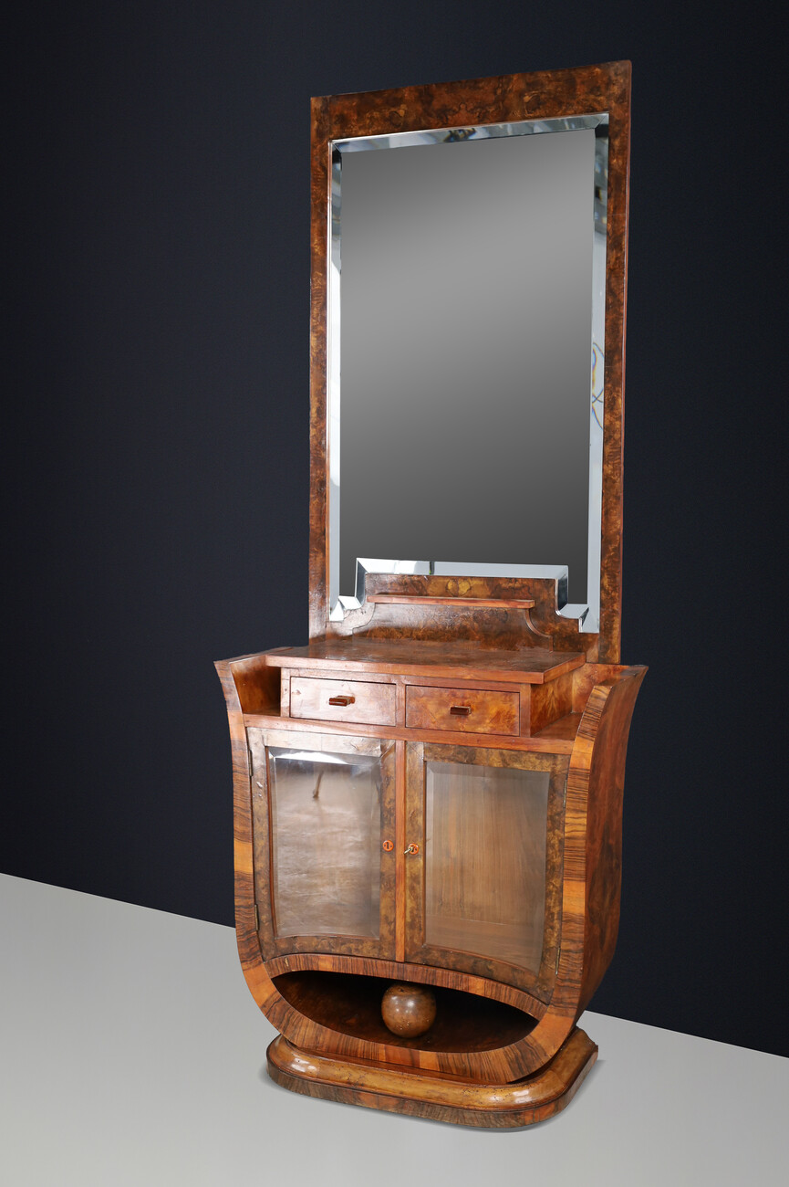 Sculptural Italian Art Deco Walnut Vanity with Mirror, Naples, 1930s. Early-20th century