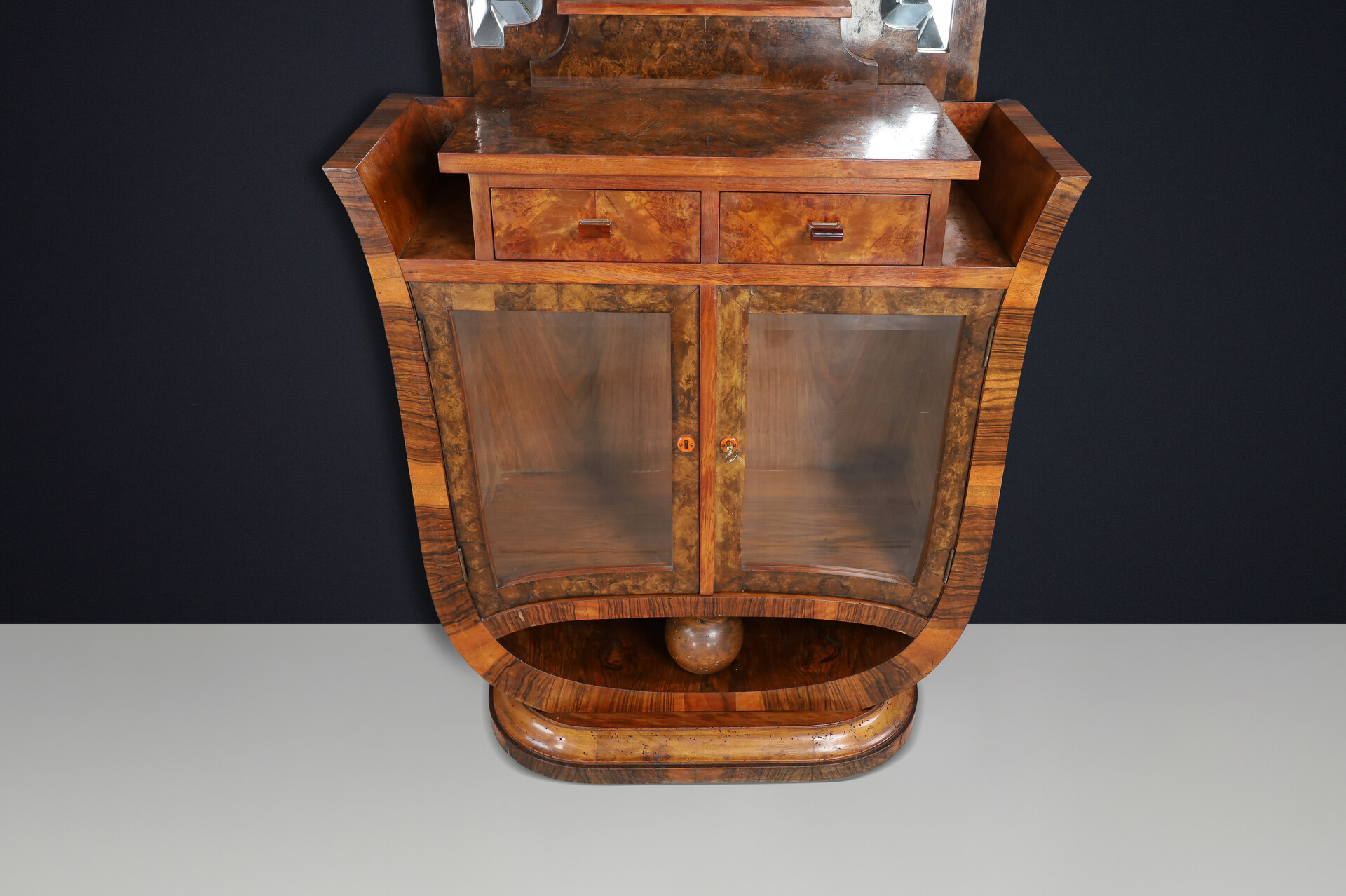 Sculptural Italian Art Deco Walnut Vanity with Mirror, Naples, 1930s. Early-20th century
