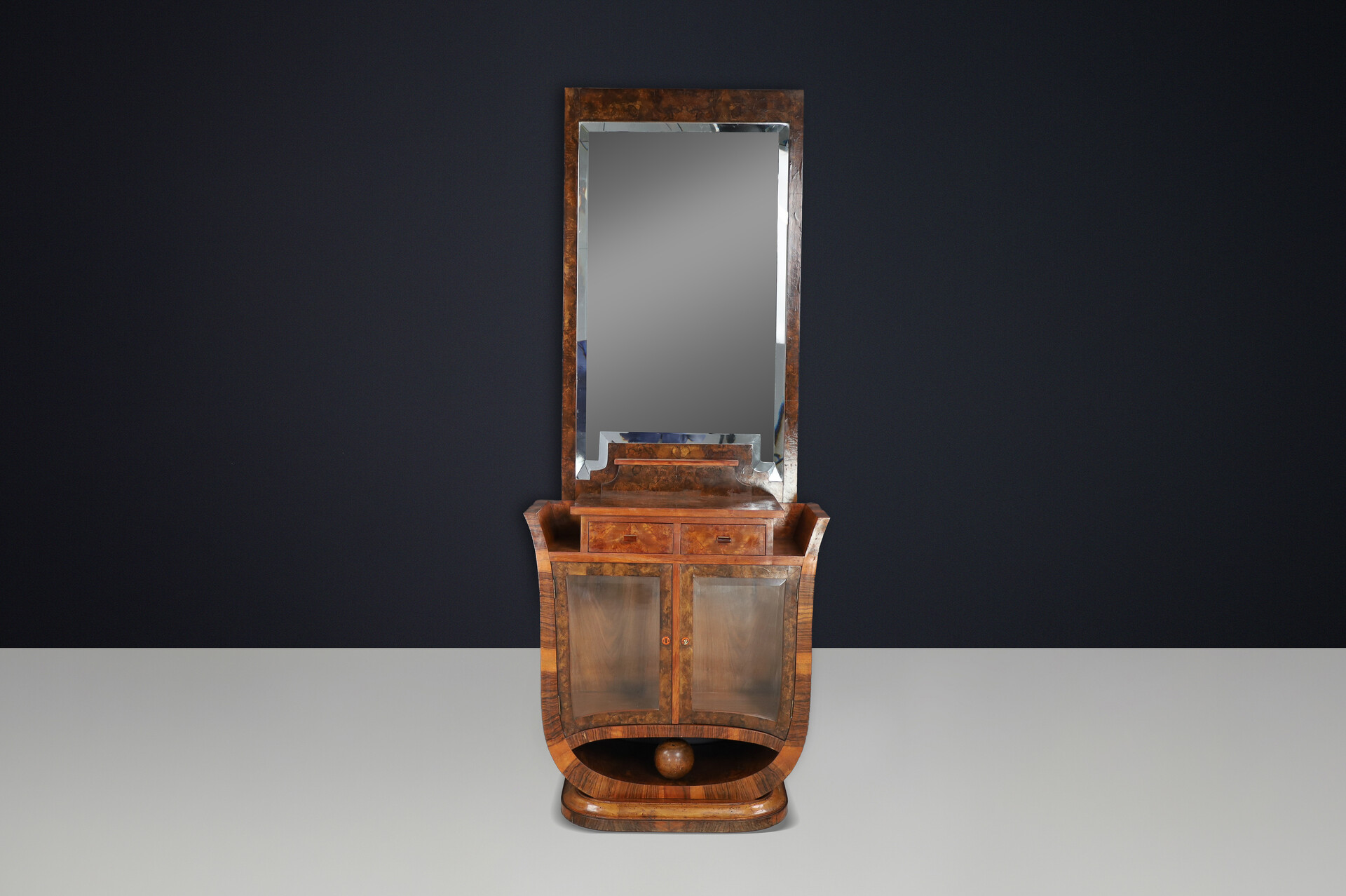 Sculptural Italian Art Deco Walnut Vanity with Mirror, Naples, 1930s. Early-20th century