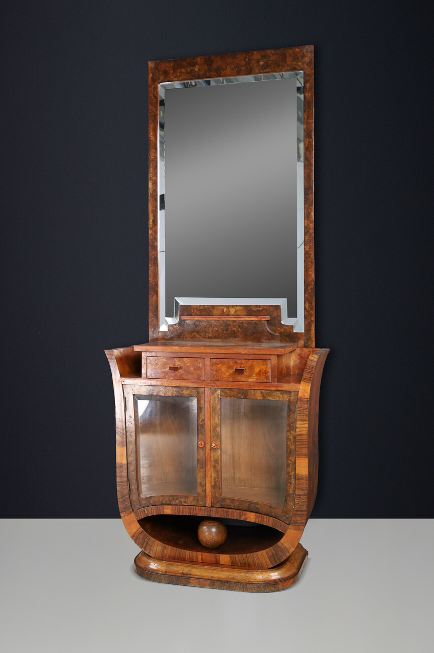 Sculptural Italian Art Deco Walnut Vanity with Mirror, Naples, 1930s. Early-20th century