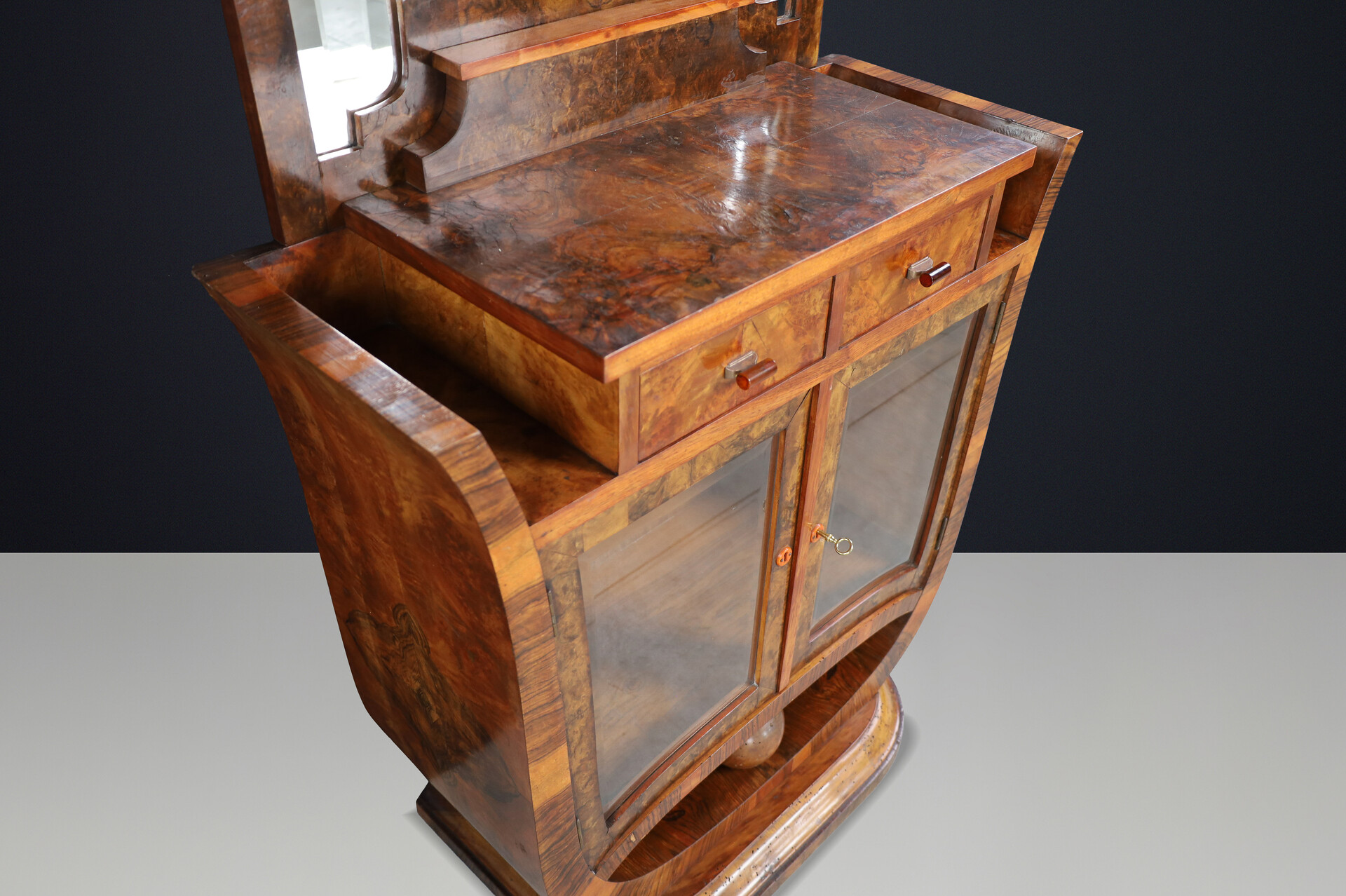 Sculptural Italian Art Deco Walnut Vanity with Mirror, Naples, 1930s. Early-20th century