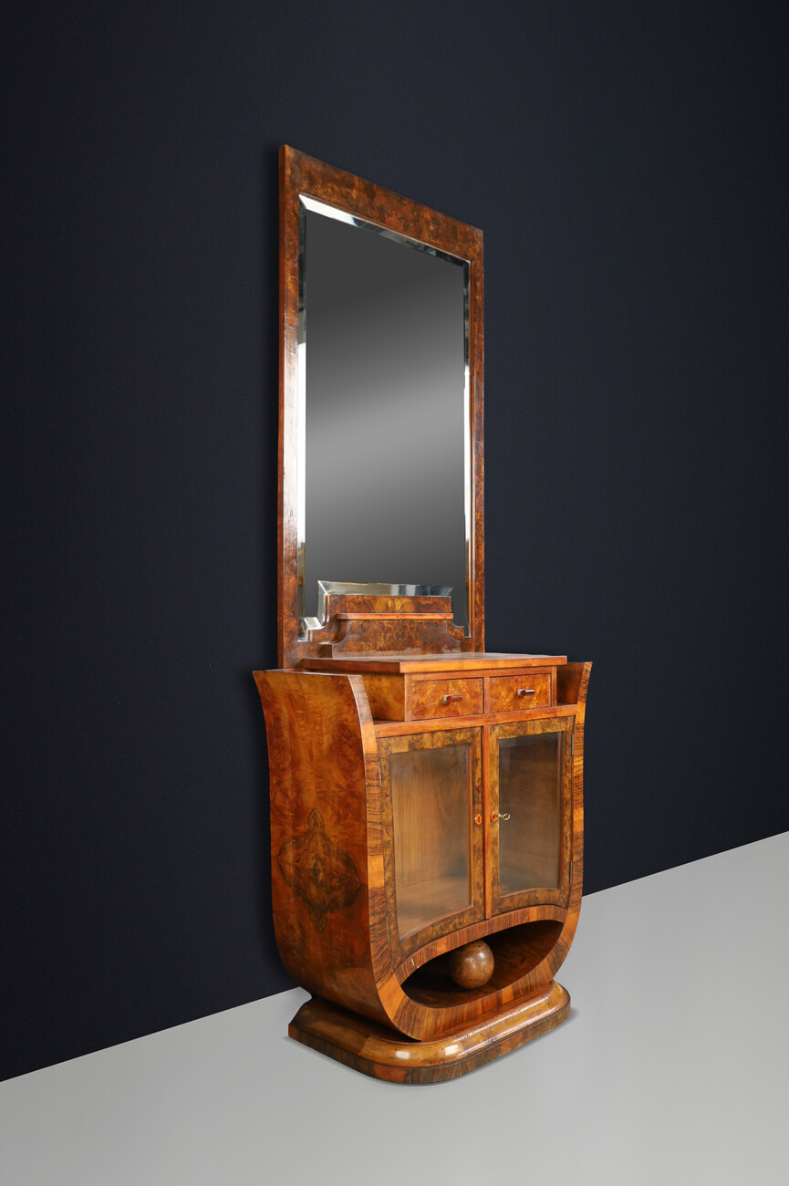 Sculptural Italian Art Deco Walnut Vanity with Mirror, Naples, 1930s. Early-20th century