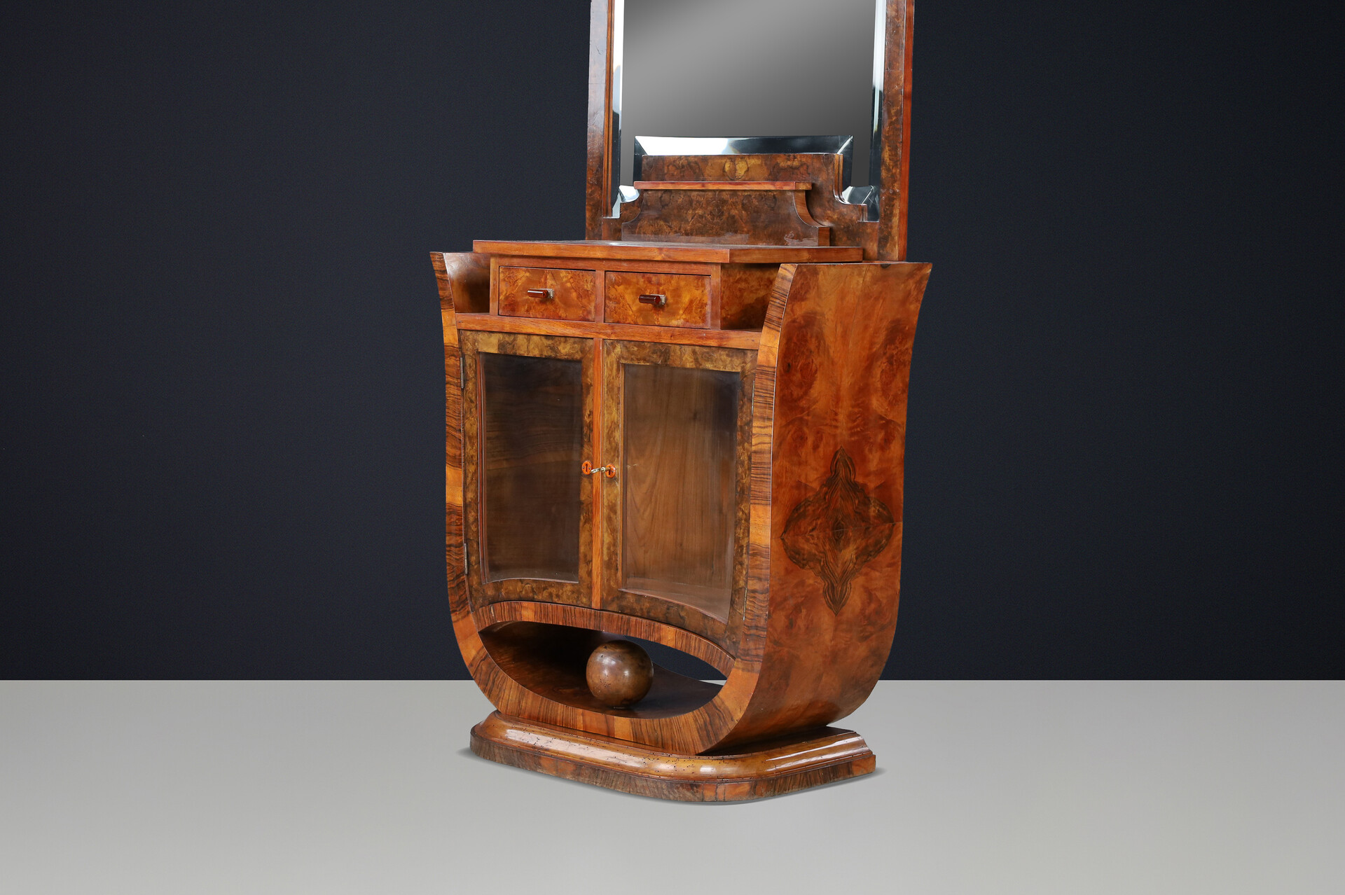 Sculptural Italian Art Deco Walnut Vanity with Mirror, Naples, 1930s. Early-20th century