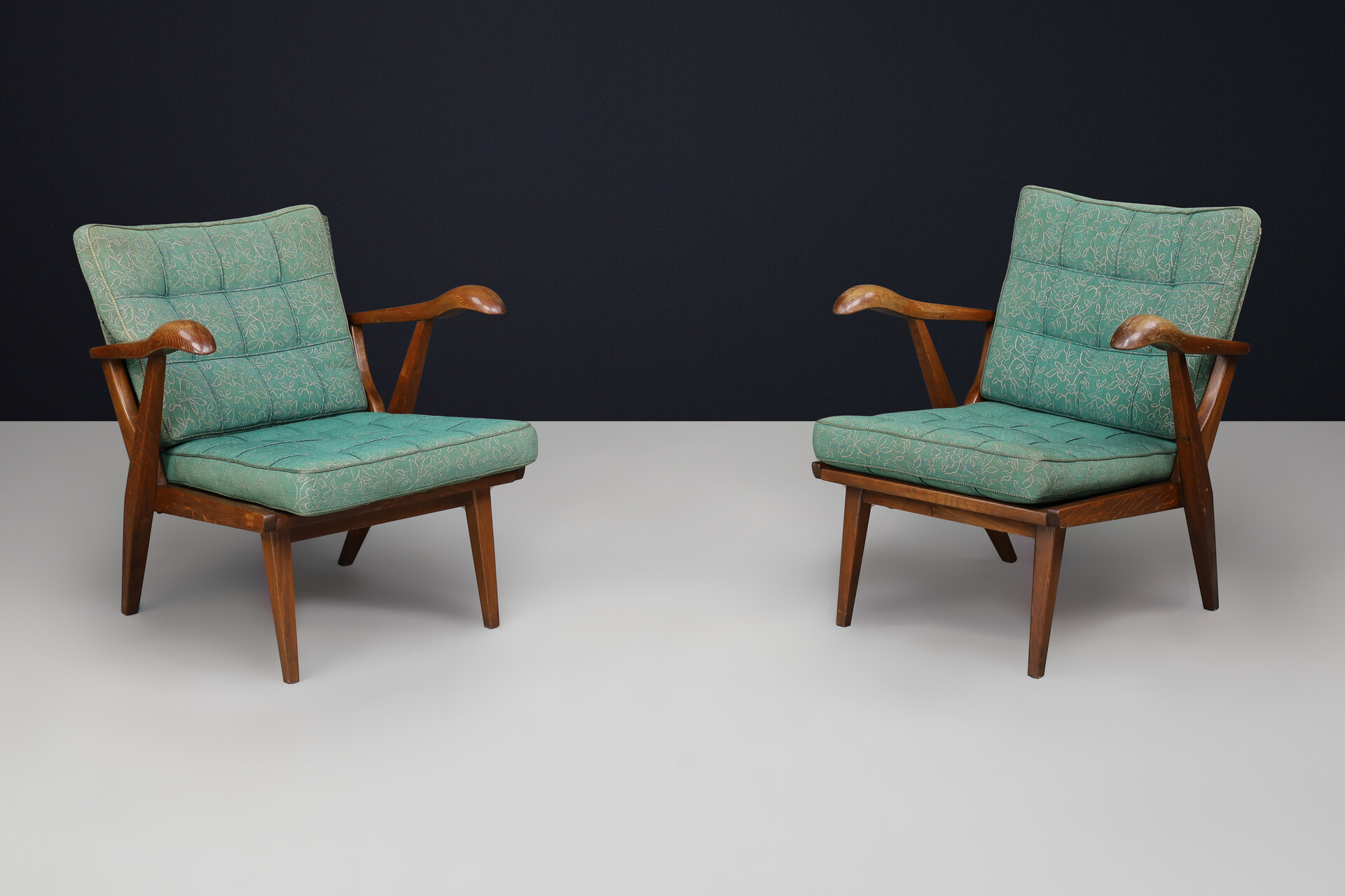 Sculptural Pair Czech Mid-Century Oak Lounge Chairs Original Upholstery 1950s Mid-20th century
