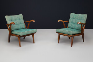 Sculptural Pair Czech Mid-Century Oak Lounge Chairs Original Upholstery 1950s Mid-20th century