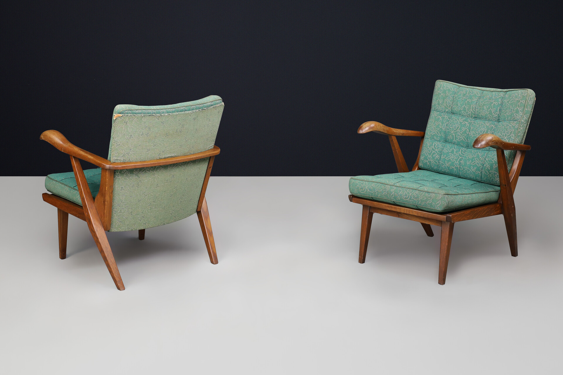 Sculptural Pair Czech Mid-Century Oak Lounge Chairs Original Upholstery 1950s Mid-20th century
