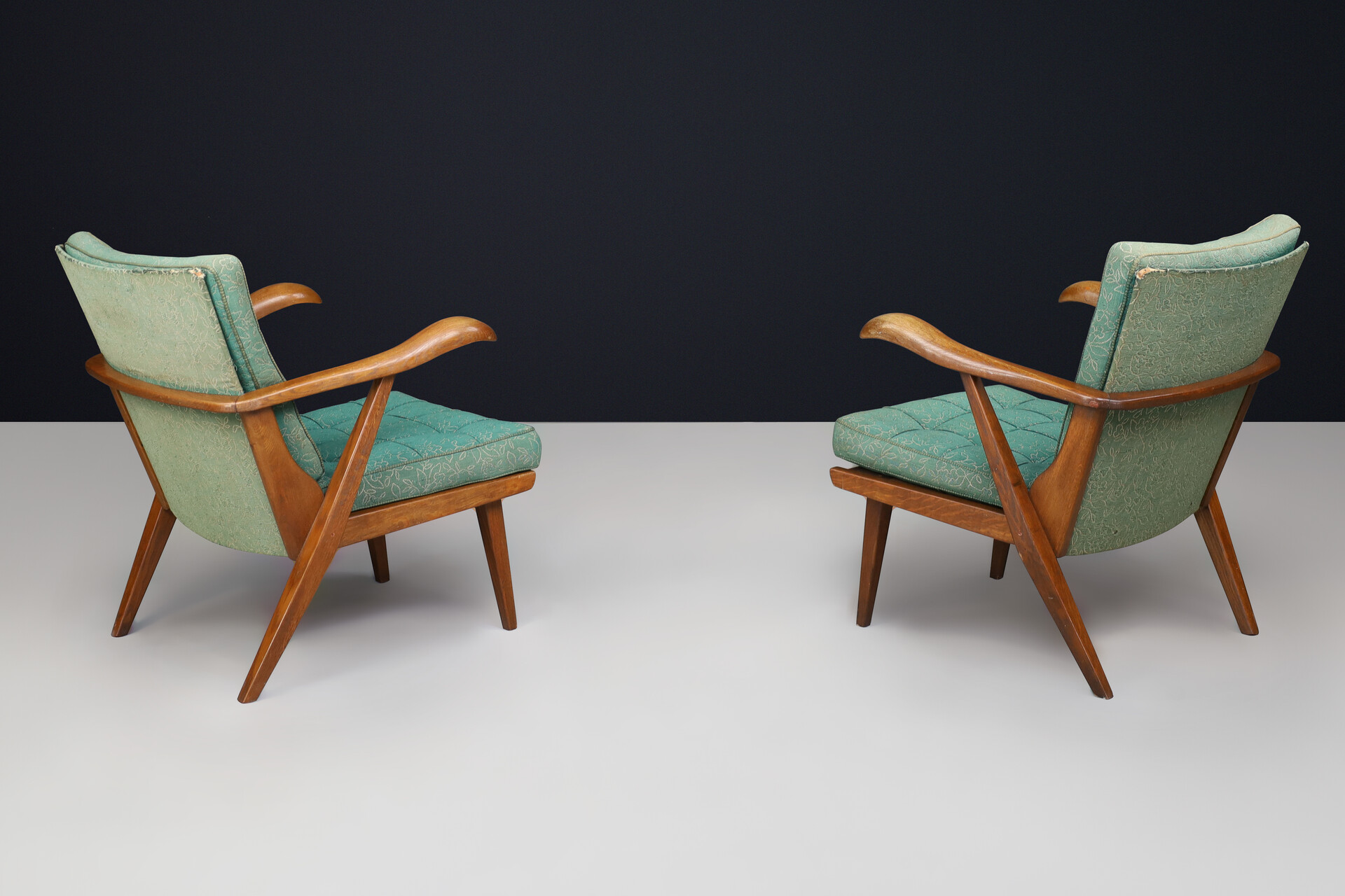 Sculptural Pair Czech Mid-Century Oak Lounge Chairs Original Upholstery 1950s Mid-20th century