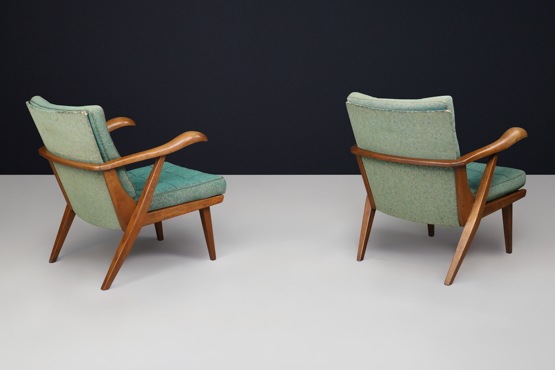 Sculptural Pair Czech Mid-Century Oak Lounge Chairs Original Upholstery 1950s Mid-20th century