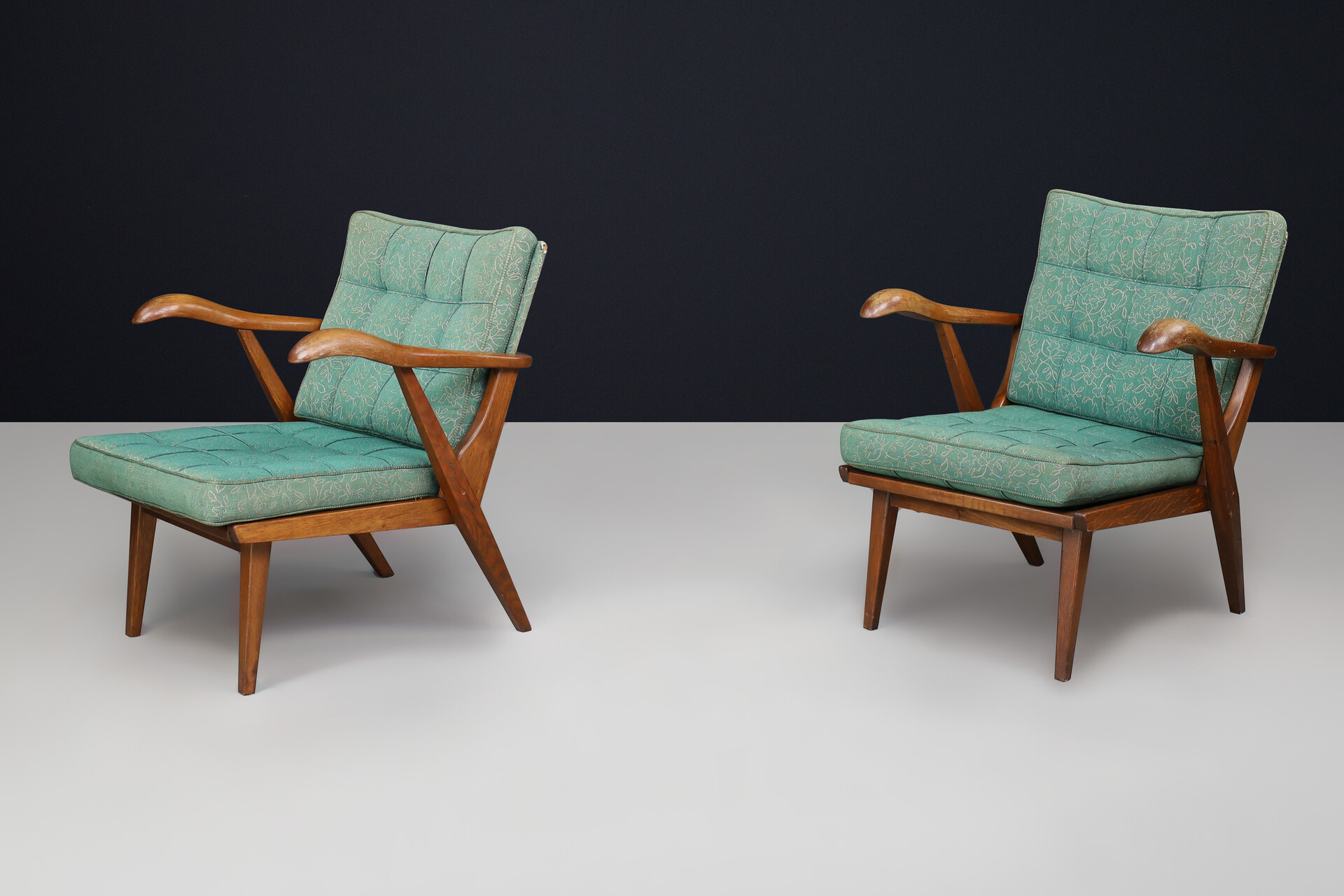 Sculptural Pair Czech Mid-Century Oak Lounge Chairs Original Upholstery 1950s Mid-20th century