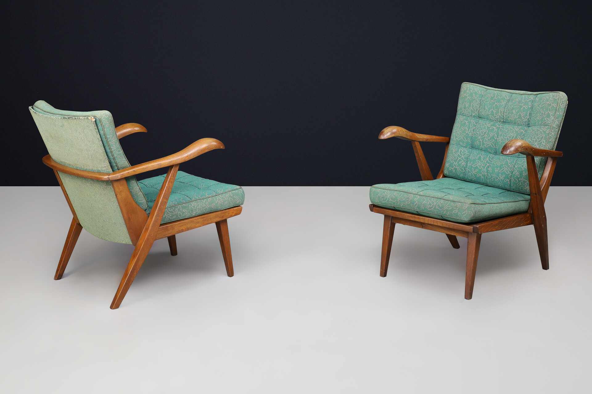 Sculptural Pair Czech Mid-Century Oak Lounge Chairs Original Upholstery 1950s Mid-20th century