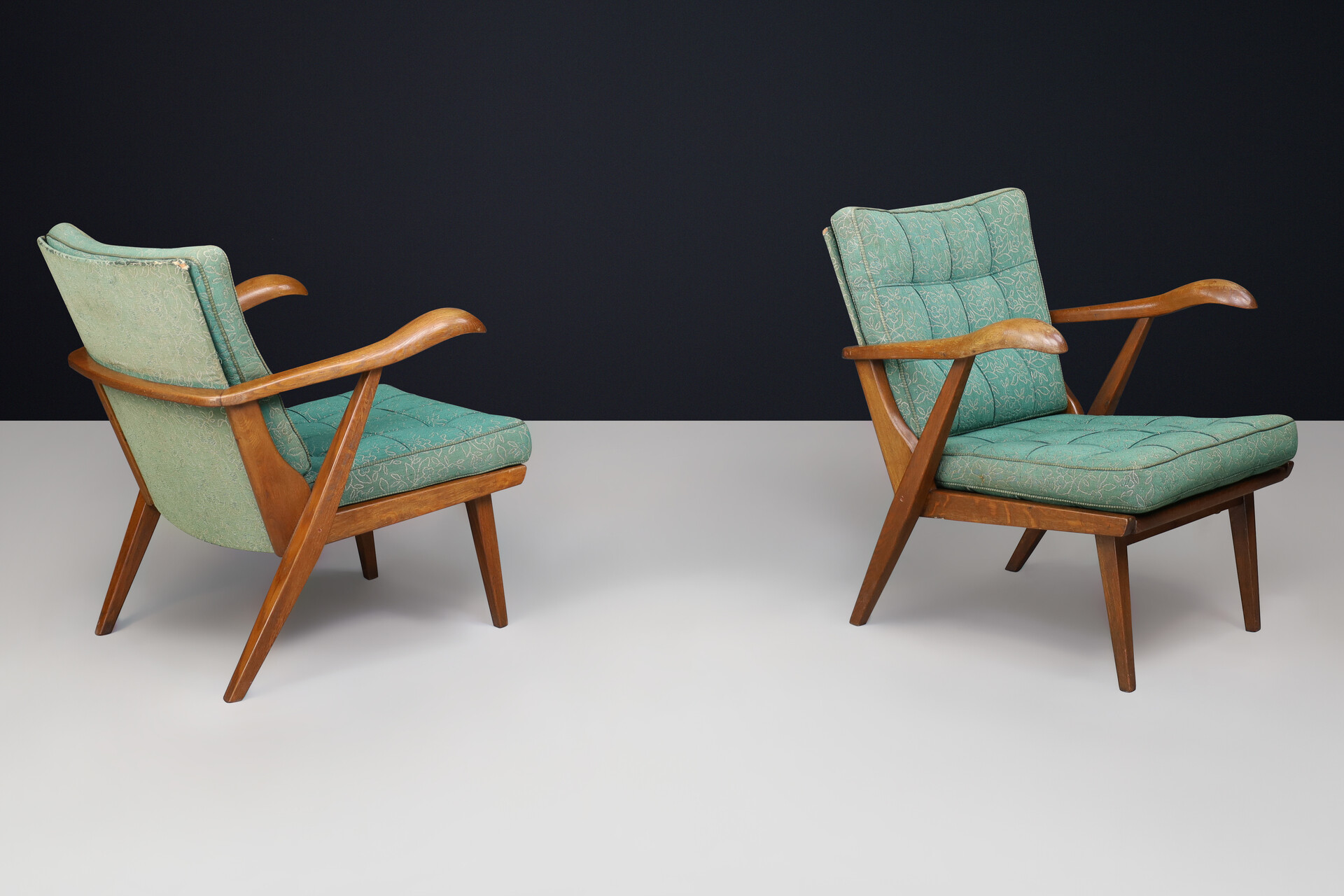 Sculptural Pair Czech Mid-Century Oak Lounge Chairs Original Upholstery 1950s Mid-20th century