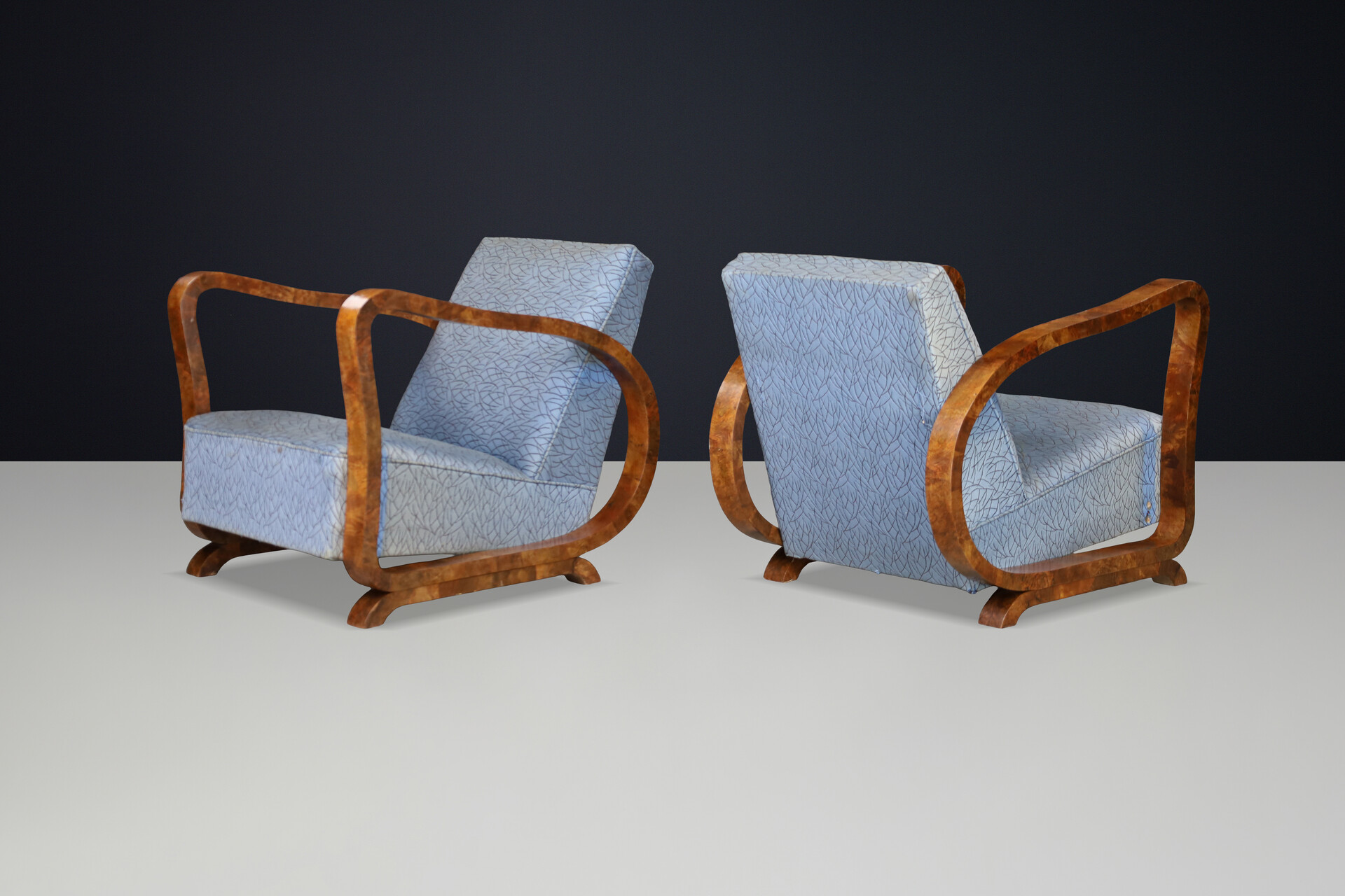 Sculptural Pair of Italian Art Deco Burl Wood Club Armchairs, 1920s–1930s Early-20th century