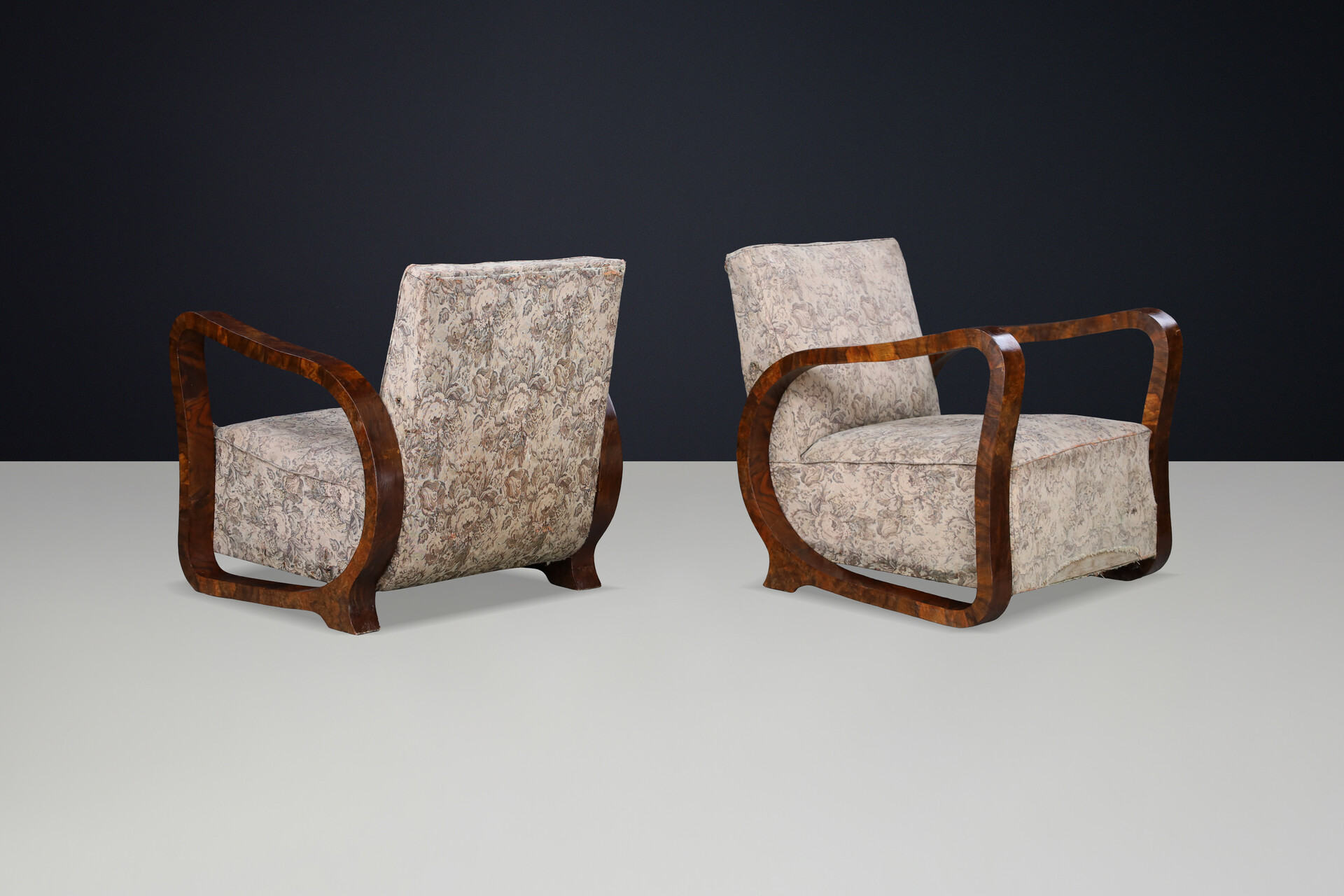 Sculptural Pair of Italian Art Deco Burl Wood Club Armchairs, 1920s–1930s Early-20th century
