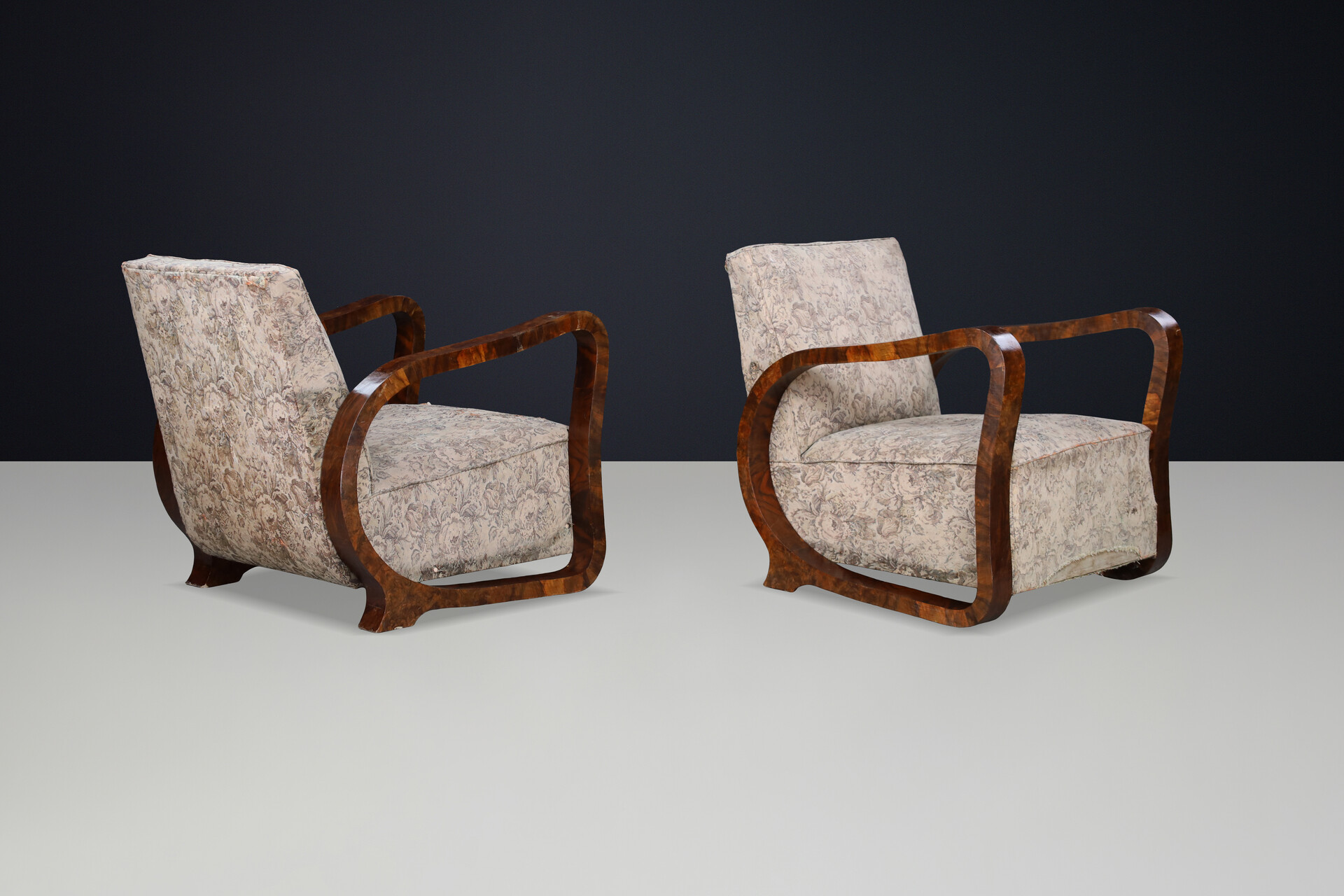 Sculptural Pair of Italian Art Deco Burl Wood Club Armchairs, 1920s–1930s Early-20th century