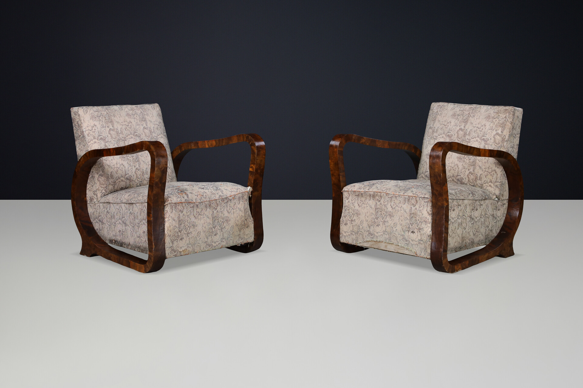 Sculptural Pair of Italian Art Deco Burl Wood Club Armchairs, 1920s–1930s Early-20th century
