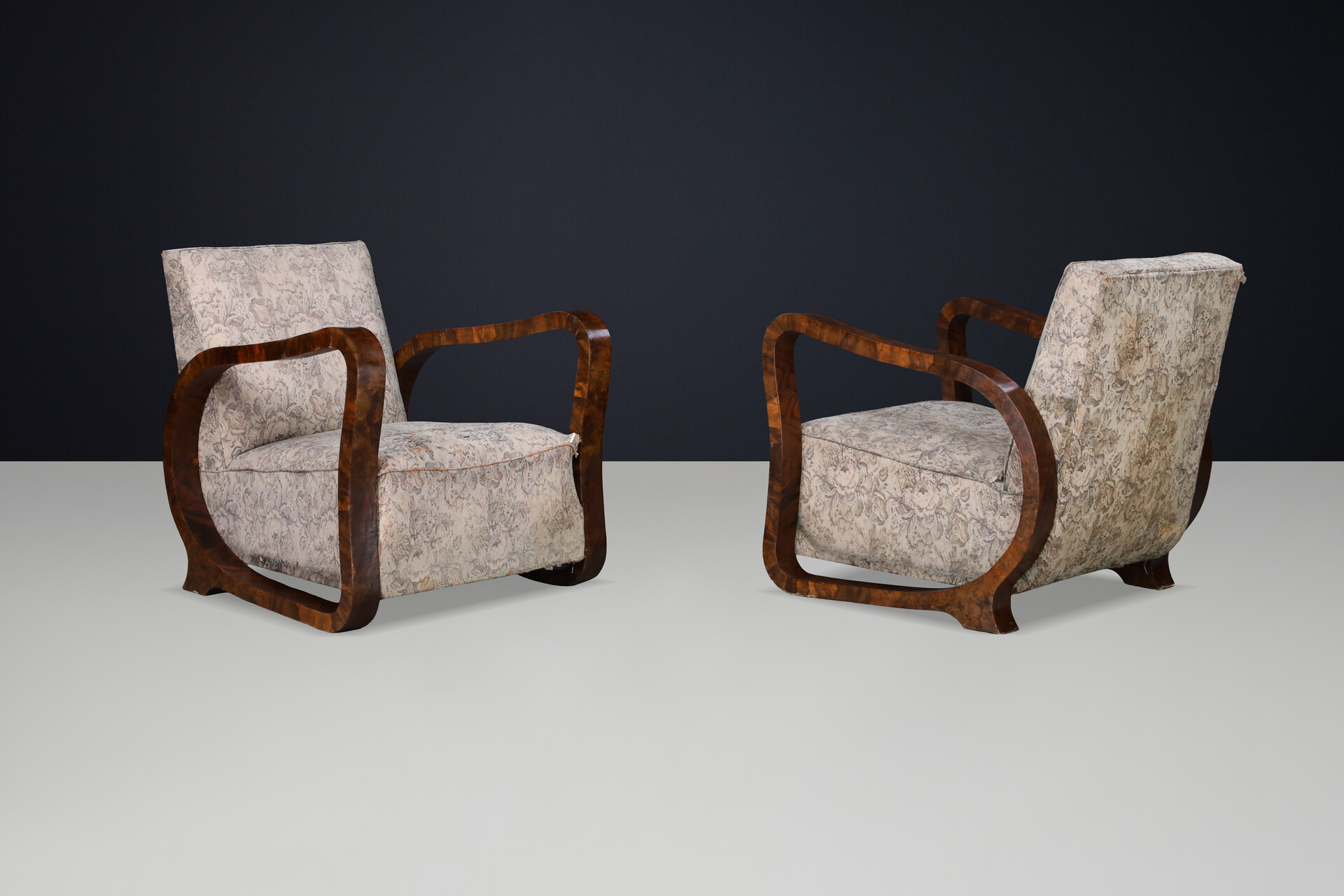 Sculptural Pair of Italian Art Deco Burl Wood Club Armchairs, 1920s–1930s Early-20th century