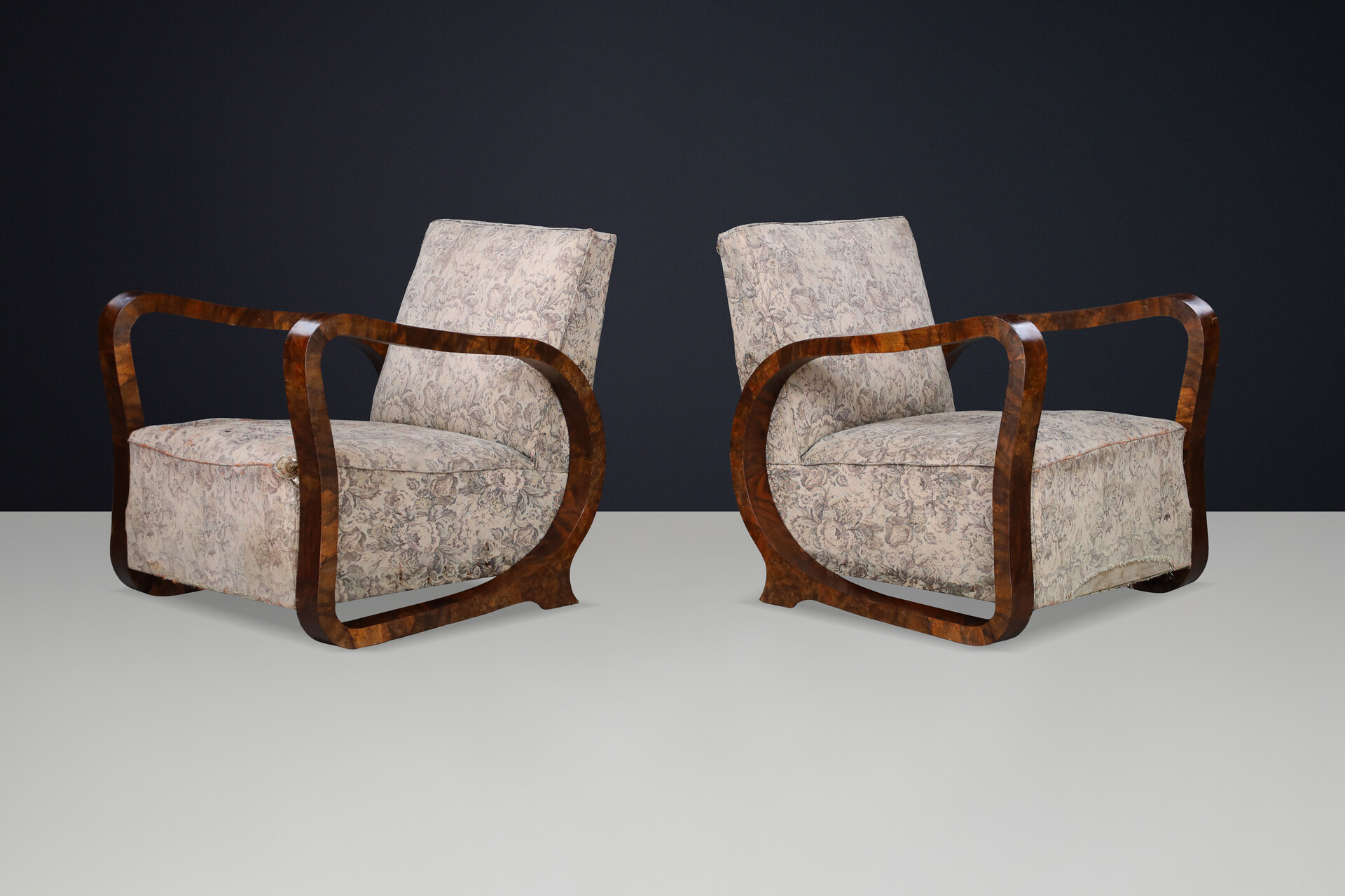 Sculptural Pair of Italian Art Deco Burl Wood Club Armchairs, 1920s–1930s Early-20th century